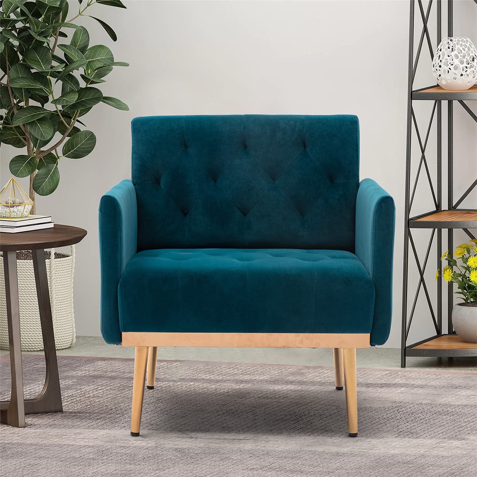 Modern Accent Fabric Armchair with Rose Gold Iron Legs - Upholstered Single Sofa Chair for Living Room, Bedroom & Office - Lake Blue Comfortable Seating for Relaxing, Reading & Working