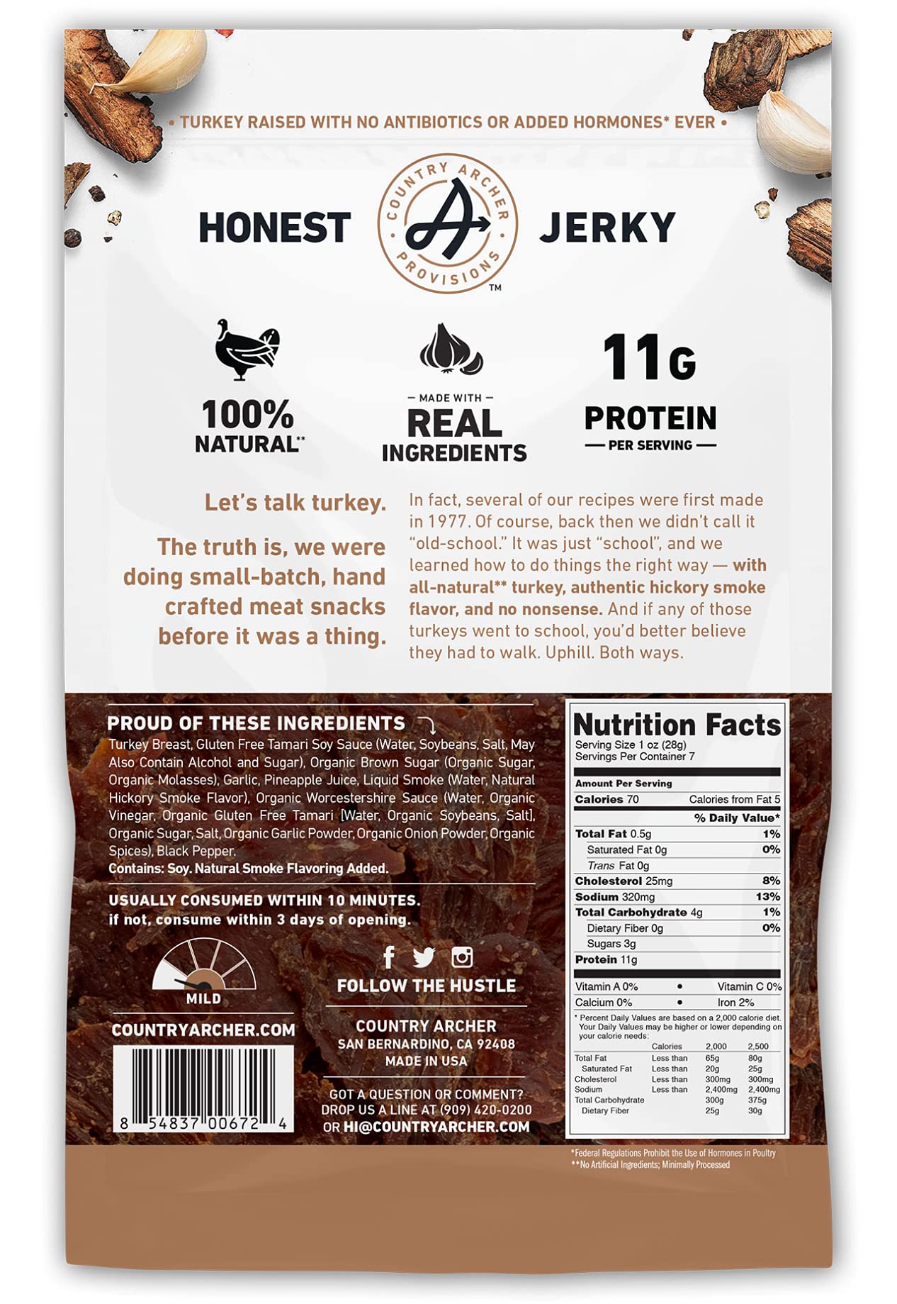Country Archer Hickory Smoke Turkey Jerky - Antibiotic Free, Gluten Free, 7oz | High Protein Snack for Hiking, Camping & Keto Diet | Healthy On-the-Go Food