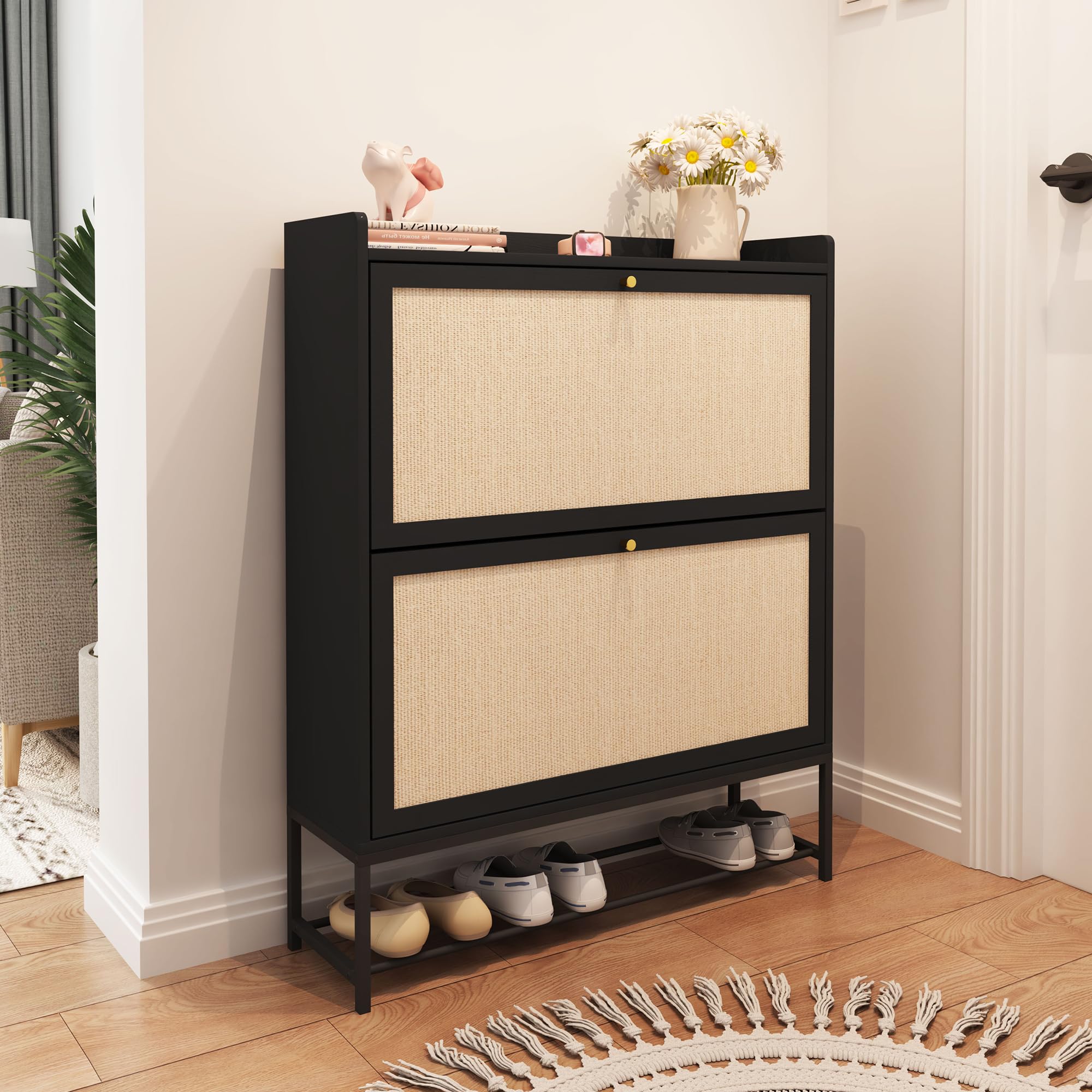 AVZEAR Narrow Shoe Storage Cabinet with 2 Flip Drawers - Freestanding Wooden Closed Shoe Rack Organizer for Entryway, Hallway, Living Room - Space Saving Slim Design (Black) | Perfect for Small Spaces, Apartments & Closet Organization