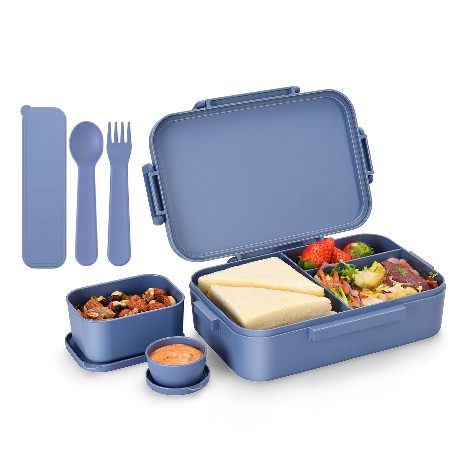 Eco-Friendly 2045ml Wheat Straw Bento Box for Kids & Adults - 5 Compartment Leak-Proof Lunch Container with Utensil Set, BPA-Free - Perfect for School, Office, Picnic & Meal Prep - Blue