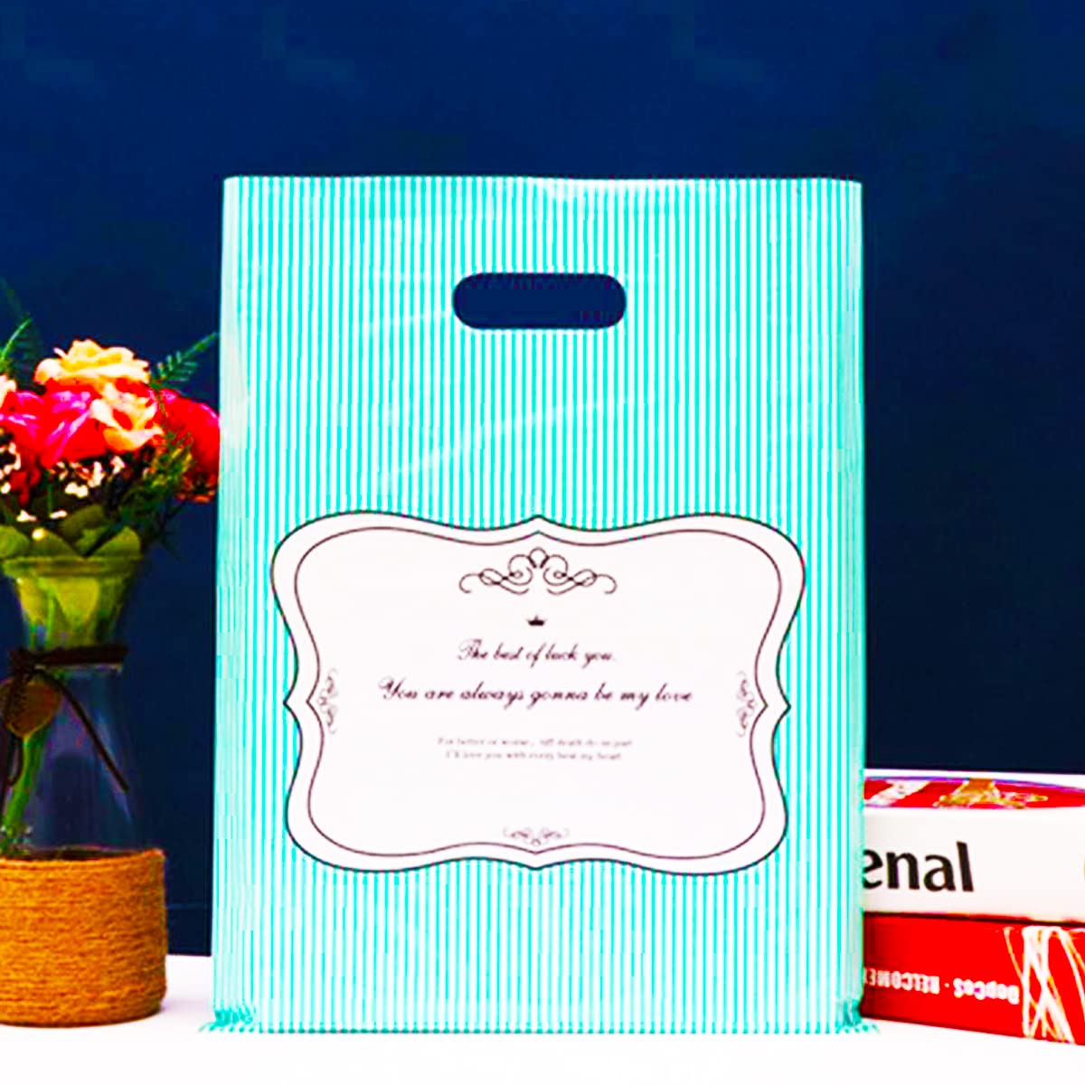 50 Pack Blue Thank You Bags with Die-Cut Handles 5.9