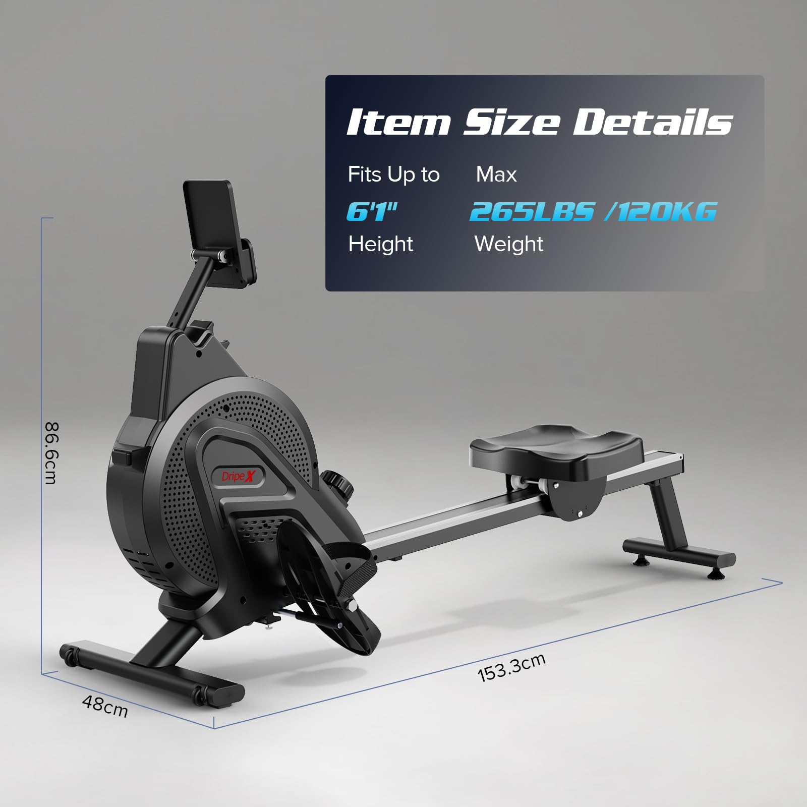 Dripex Magnetic Rowing Machine for Home Use - 16 Adjustable Resistance Levels, LCD Monitor, Aluminum Slide Rail - Perfect for Home Gym & Cardio Workout - Ideal for Small Spaces, Full-Body Exercise & Fitness Training