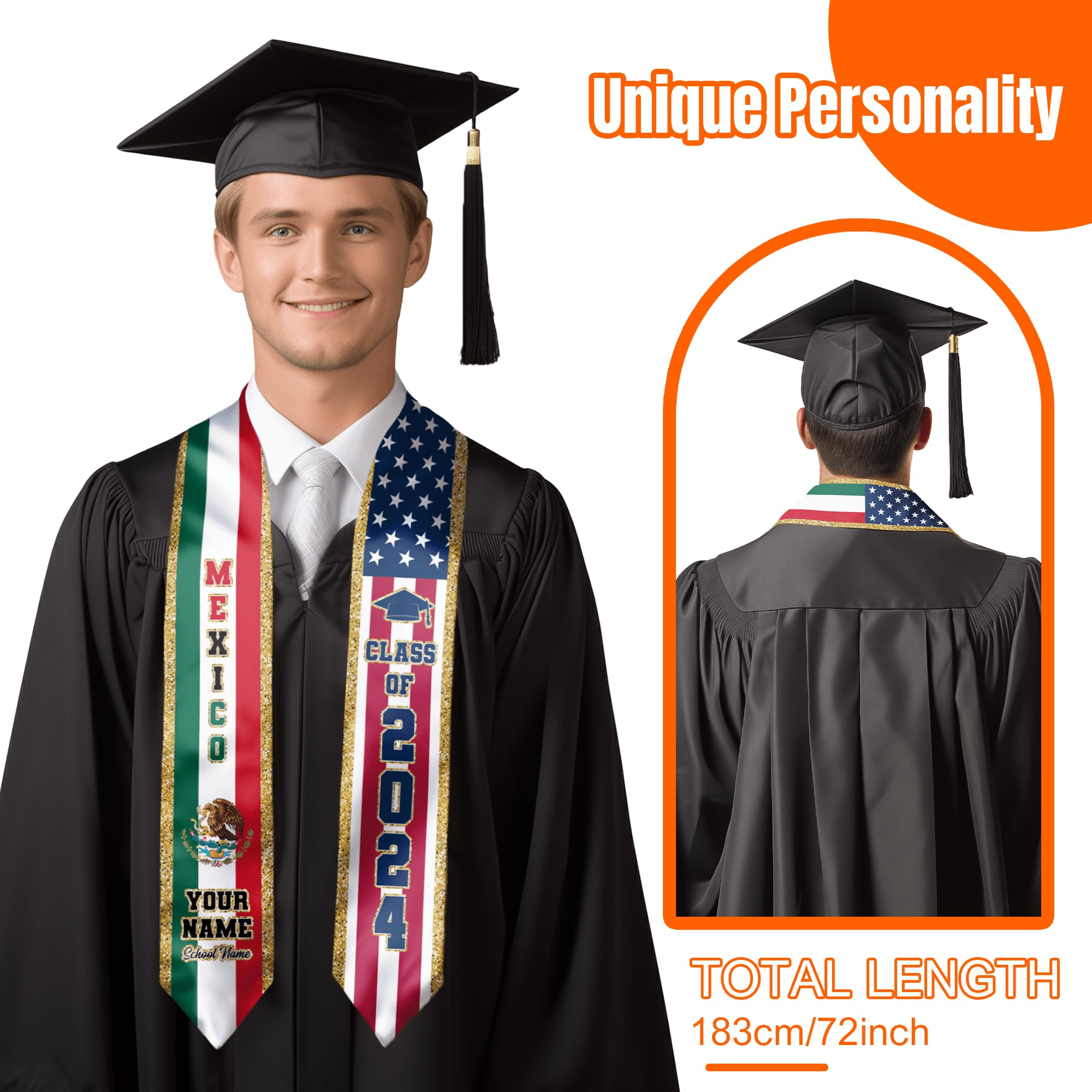 Custom Graduation Stole - Personalized Mexican American Flag Sash for Graduation Ceremony - Perfect for High School, College & University Graduates