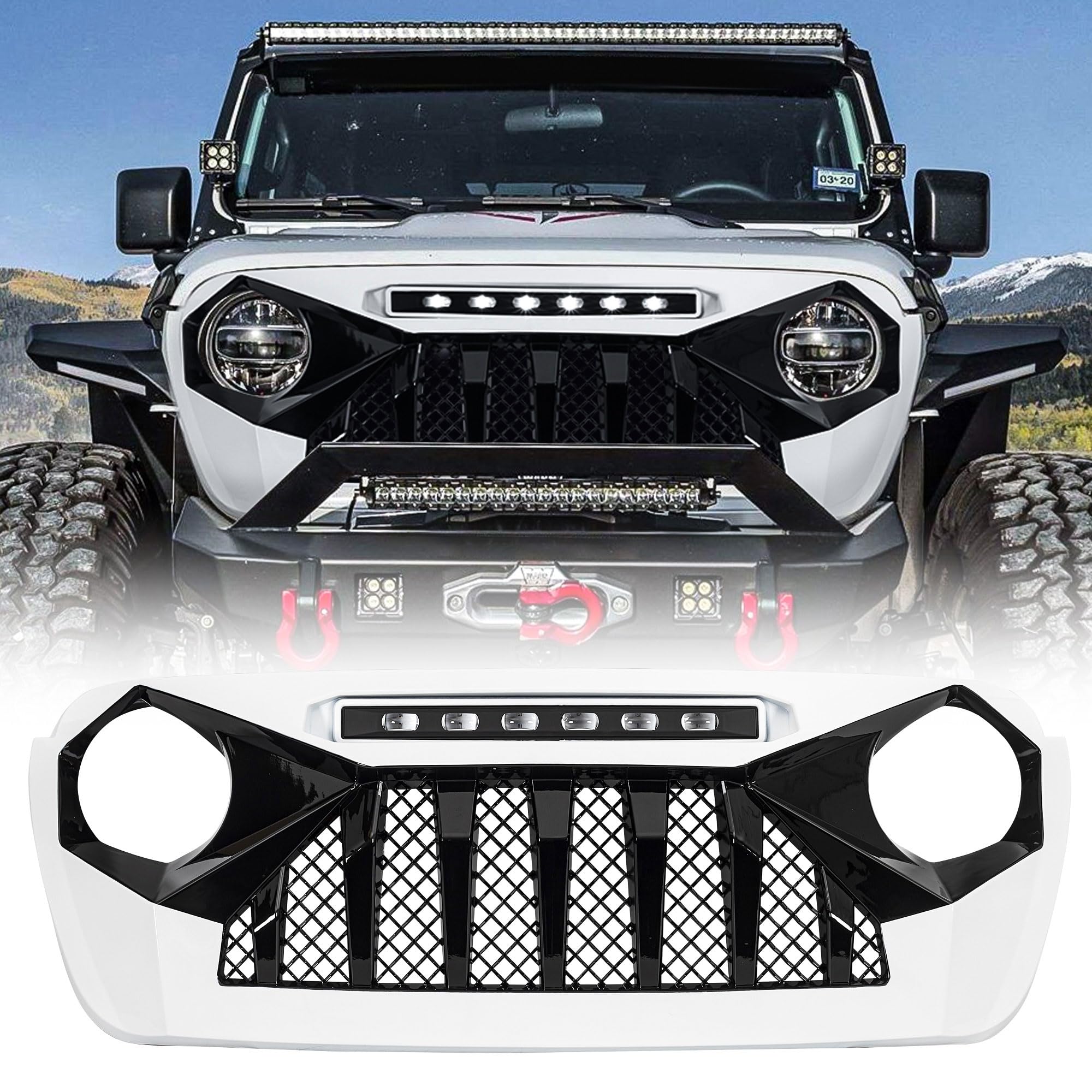 2018-2023 Jeep Wrangler JL & Gladiator JT White & Black Demon Grille with LED Off-Road Lights (Non-Trailcam Version) - Rugged Style Upgrade for Off-Roading & Jeep Enthusiasts