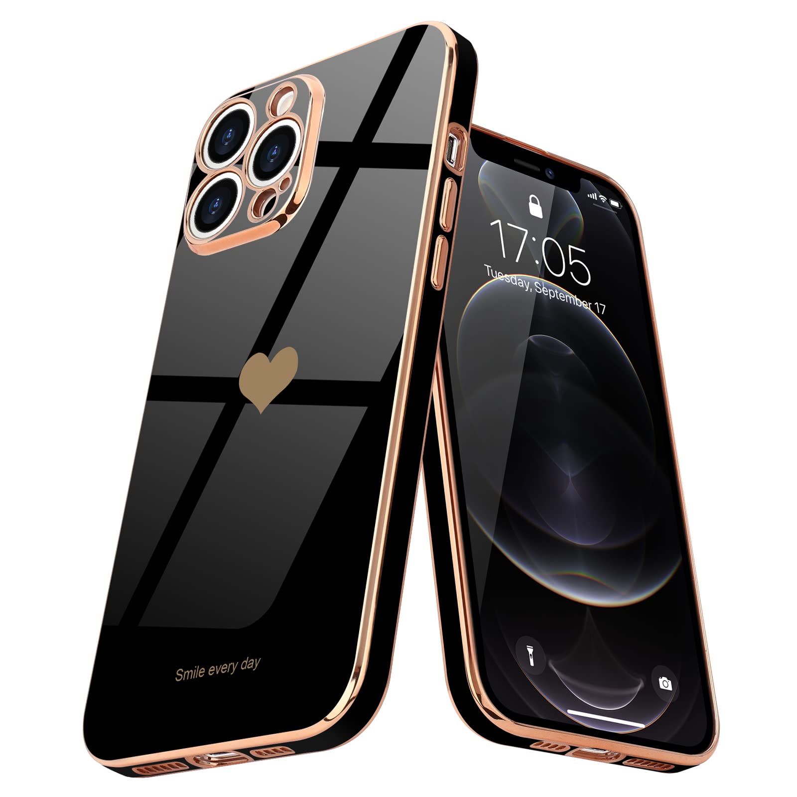 **Teageo iPhone 12 Pro Max Case - Cute Heart Design, Slim Luxury Bling Plating Soft TPU Cover, Anti-Scratch & Shockproof Bumper for Women & Girls (Black) | Perfect Gift for Valentine's Day, Birthday & Daily Use**