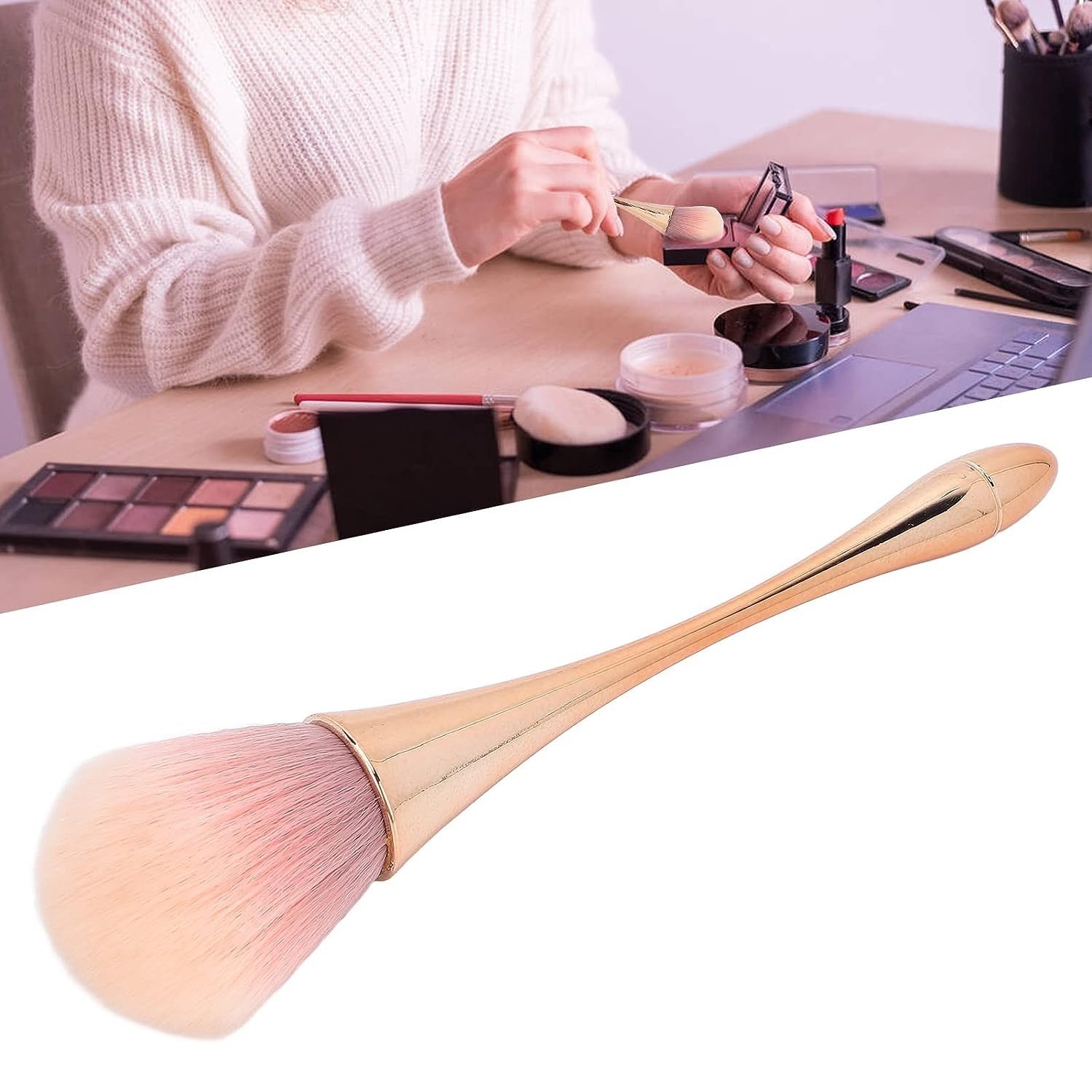 Beautiflame 1PC Nail Dust Cleaning Brush & 1PC Soft Foundation Brush Set - Golden Manicure Tools for Nail Art Powder Removal & Makeup Application | Perfect for DIY Nail Salon & Professional Makeup Artists