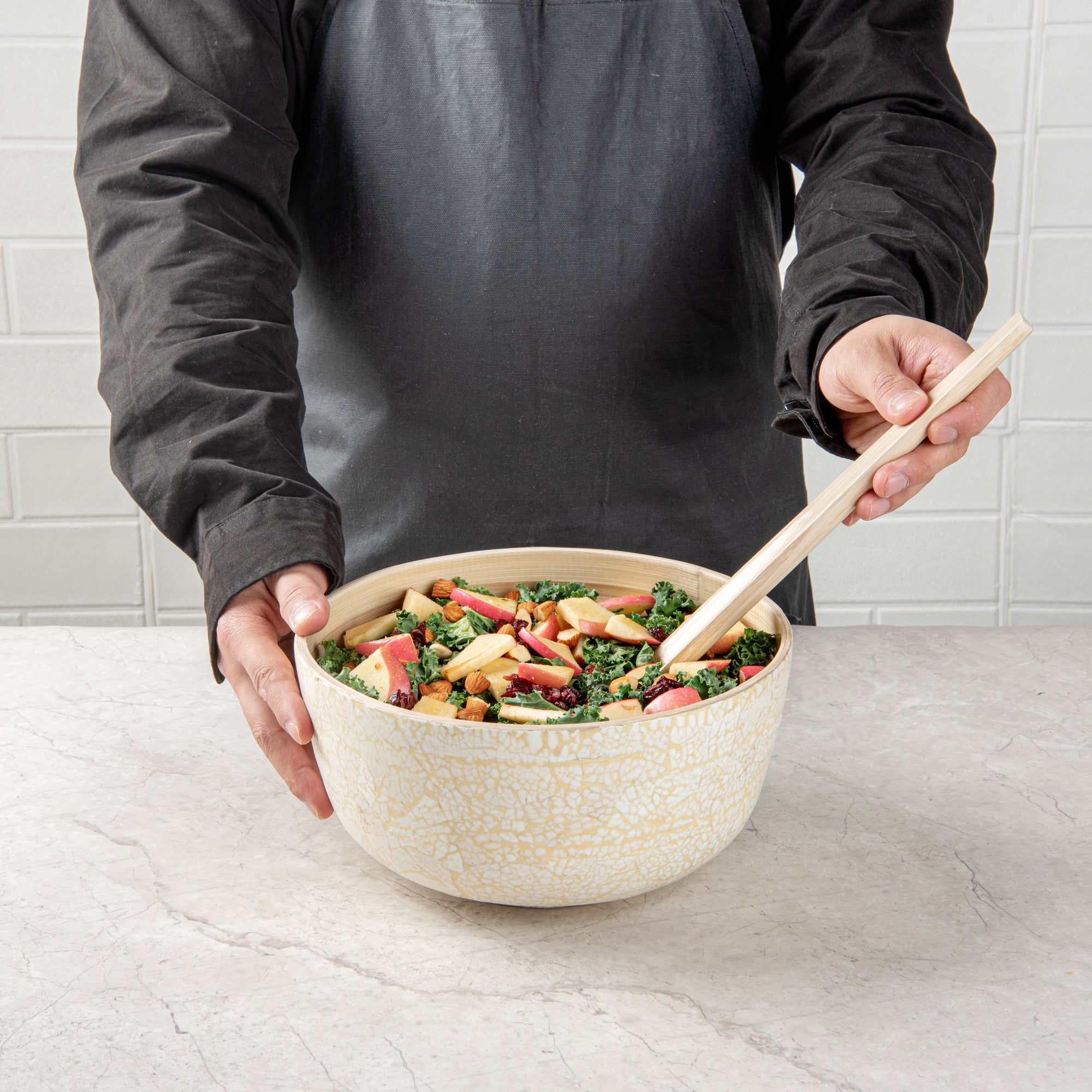 Bamboo Salad Bowl Set - 25 oz Round Beige Spun Bamboo Medium Eggshell Serving Bowl - 9.5