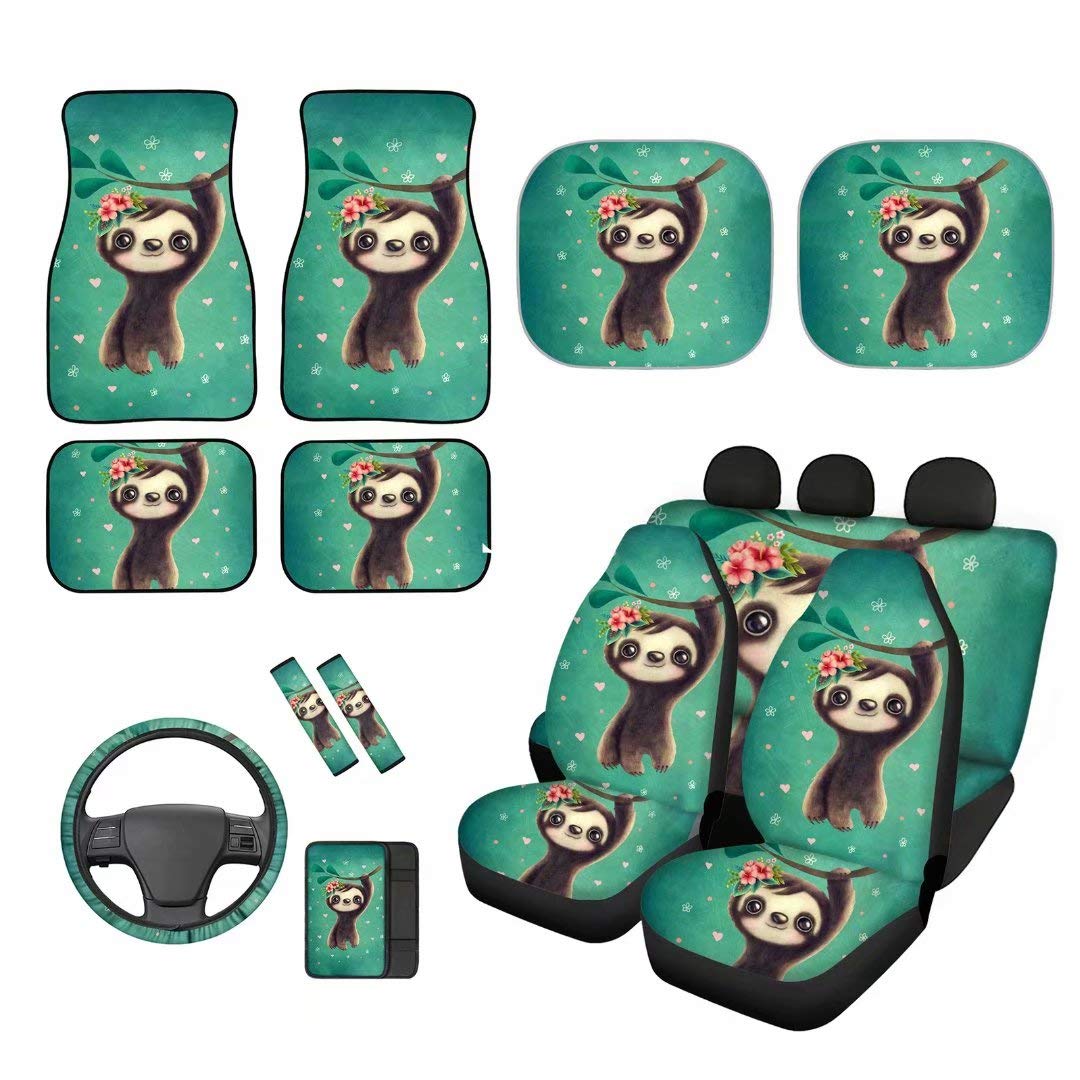 YoungerBaby Cute Sloth Print Universal Car Seat Covers Set with Steering Wheel Cover, Console Protector & Seatbelt Pads - Soft Baby-Friendly Car Accessories for SUVs, Sedans & Minivans - Perfect for Family Road Trips, Daily Commutes and Child Safety