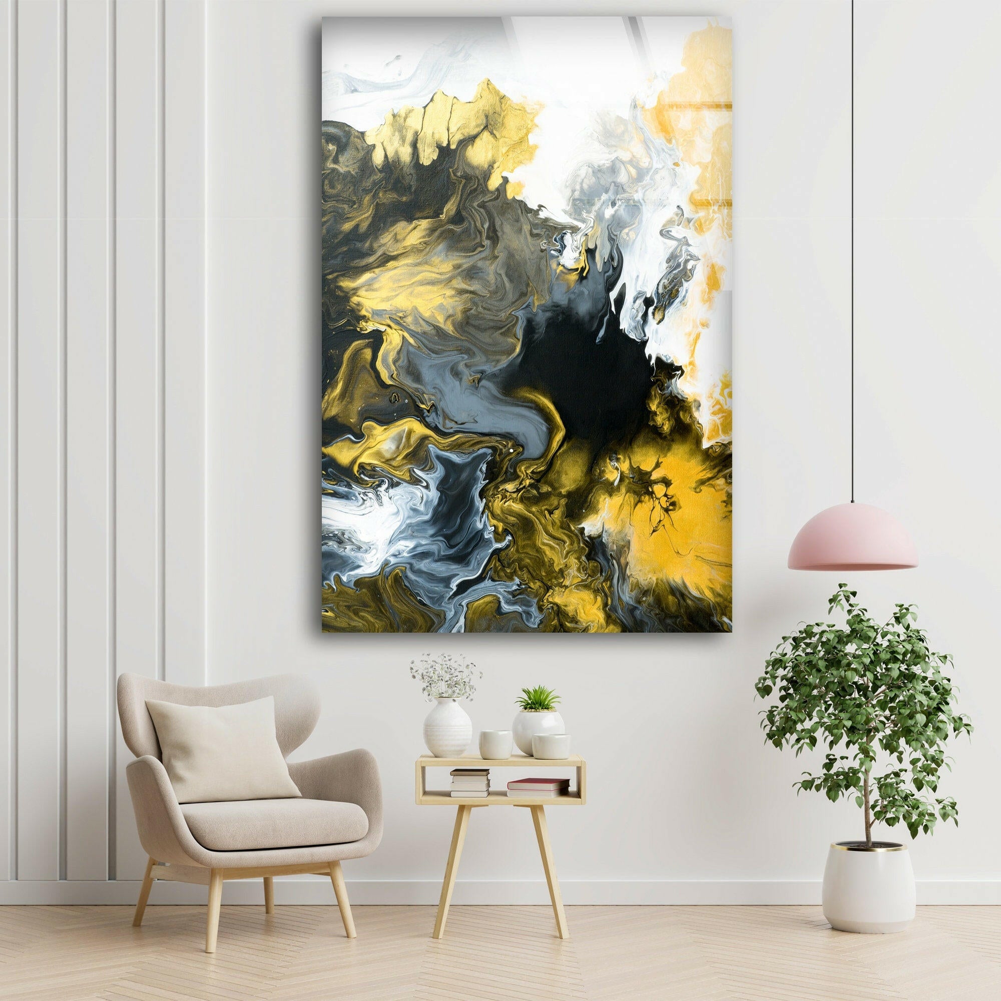 Abstract Glass Wall Art in Black, White & Gold - Modern Home Decor for Living Room, Bedroom & Office