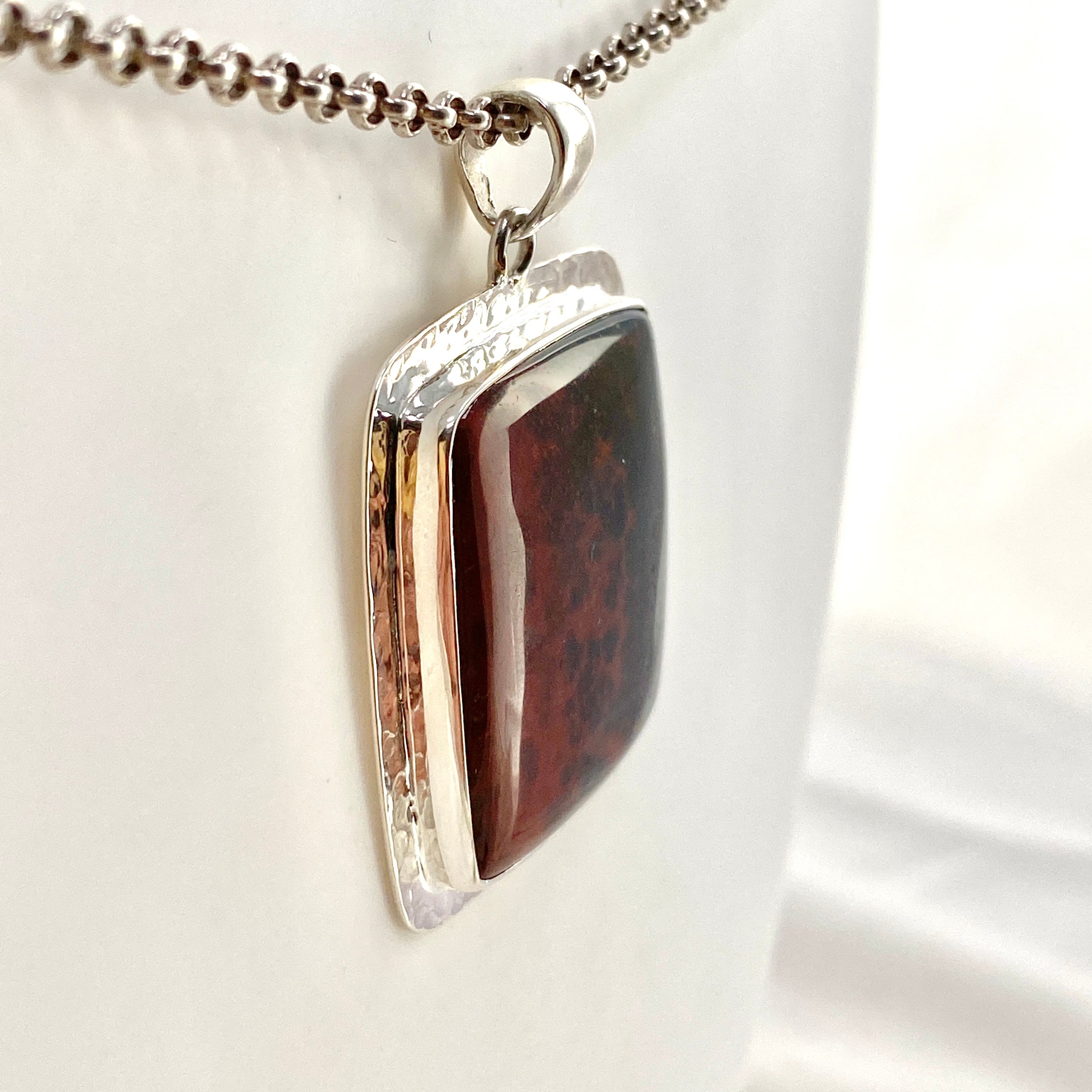 Natural Bloodstone Square Cabochon Pendant in Hammered Sterling Silver Setting KPGJ4743 - Perfect for Healing Jewelry, Meditation & Spiritual Gifts