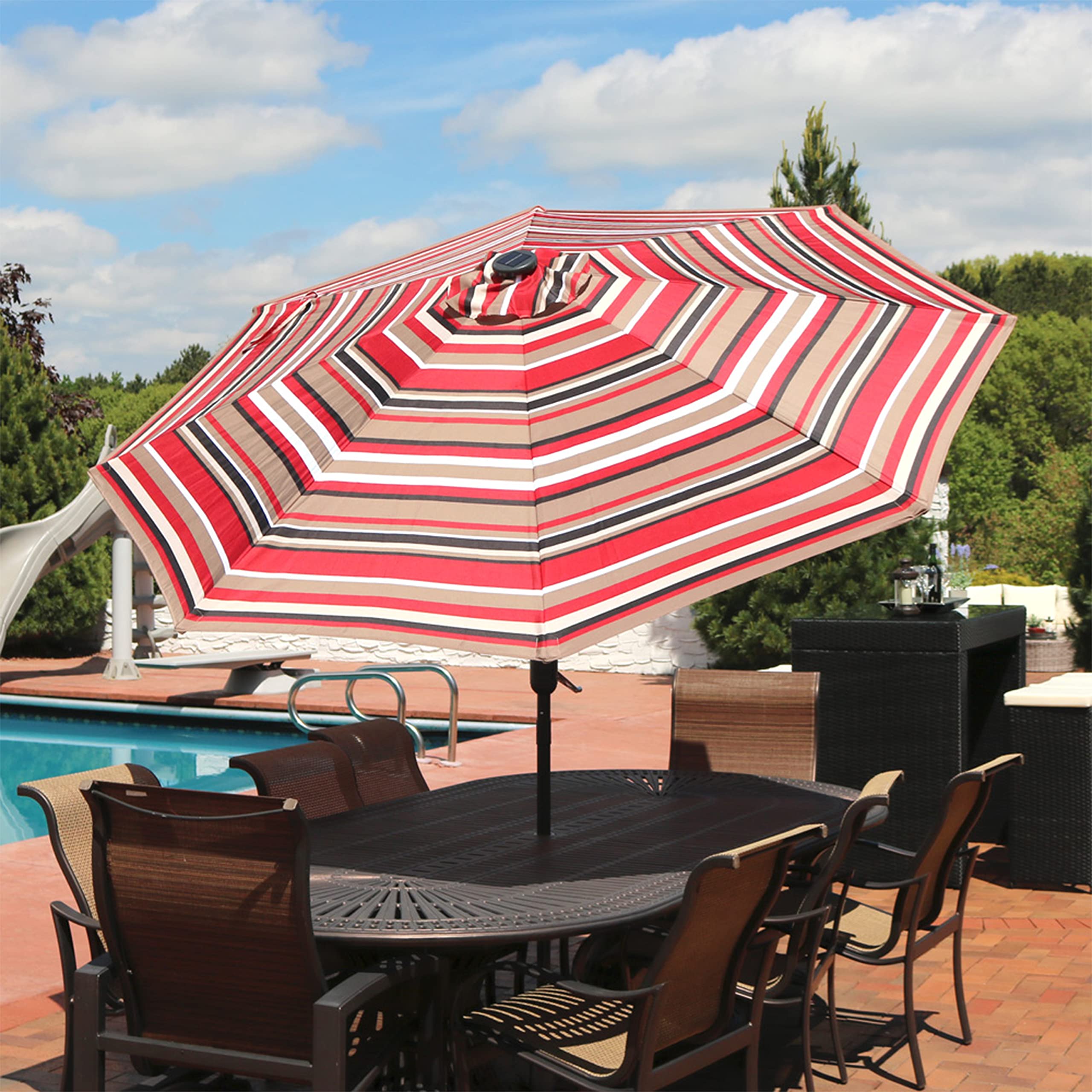 Sunnydaze 9ft Outdoor Patio Umbrella with Solar LED Lights, Tilt & Crank Mechanism, Waterproof Awning Stripe Design - Perfect for Backyard, Poolside, and Garden Relaxation