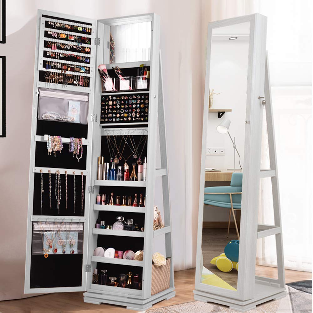 SogesGame 63x15 Inch Full Length Mirror Jewelry Cabinet with Lockable Storage - Wall/Door Mount Jewelry Armoire Organizer for Women - White - Perfect for Bedroom, Closet & Dressing Room Organization