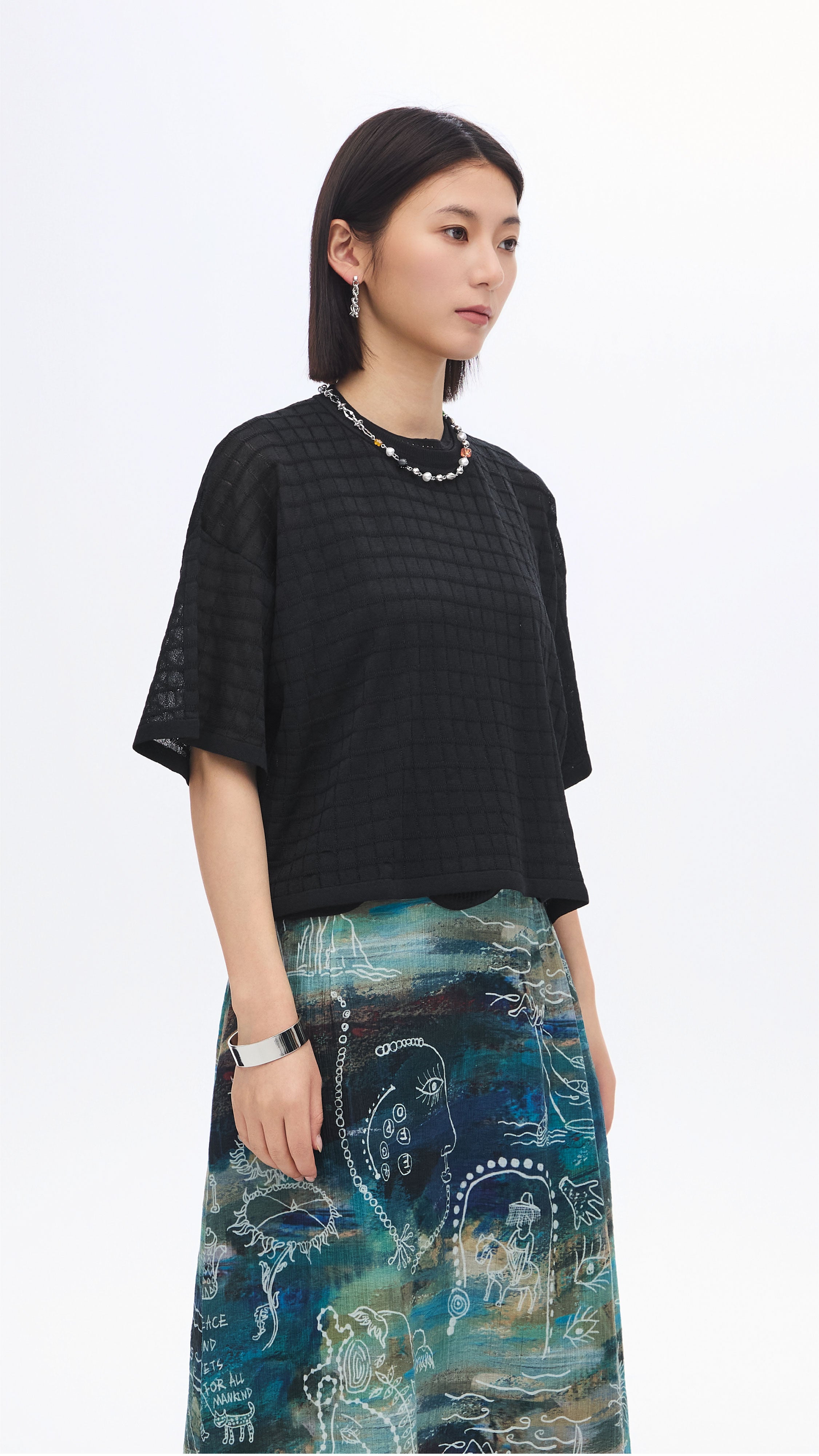 Sheer Checker Knit Top - Stylish & Breathable Women's Fashion for Casual Outings & Layering