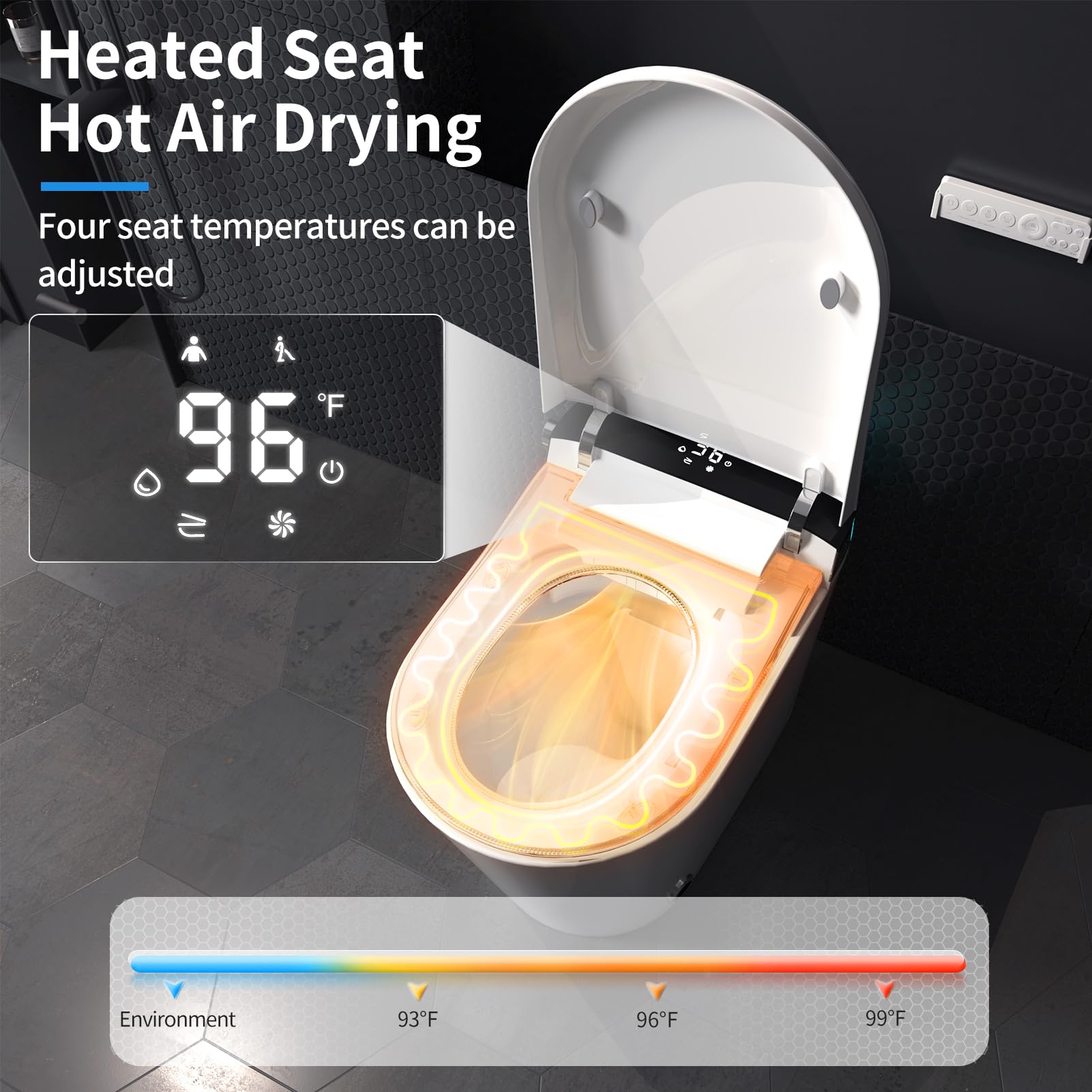 Smart Toilet Bidet with Built-in Tank - Auto Open/Close Lid, Heated Seat, Warm Water Spray & Dryer - Foot Sensor, Remote & Knob Control - LED Nightlight - Perfect for Modern Bathrooms & Luxury Homes