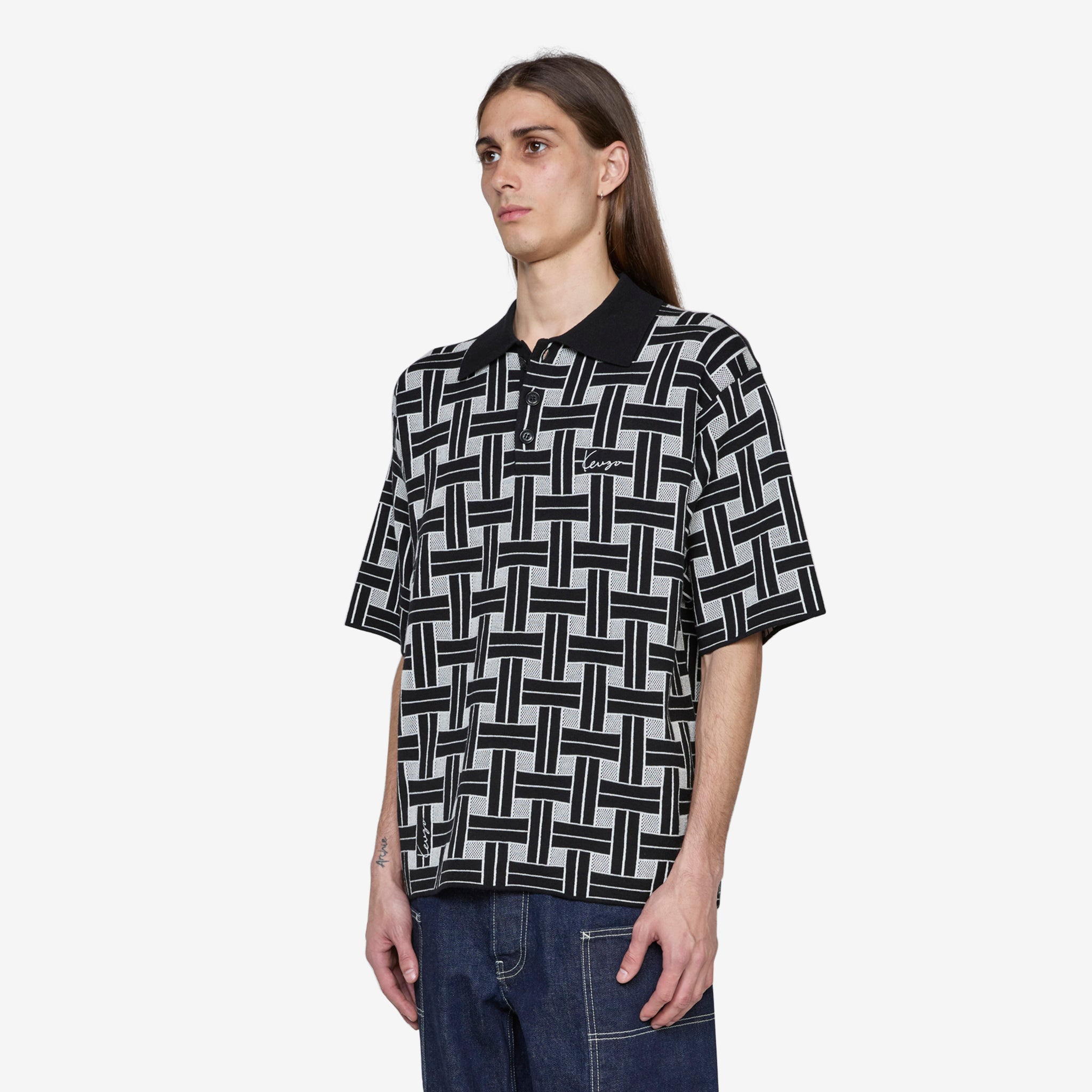 KENZO Weave Embroidered Polo Shirt for Men - Black Cotton Casual Wear for Office & Weekend Outings