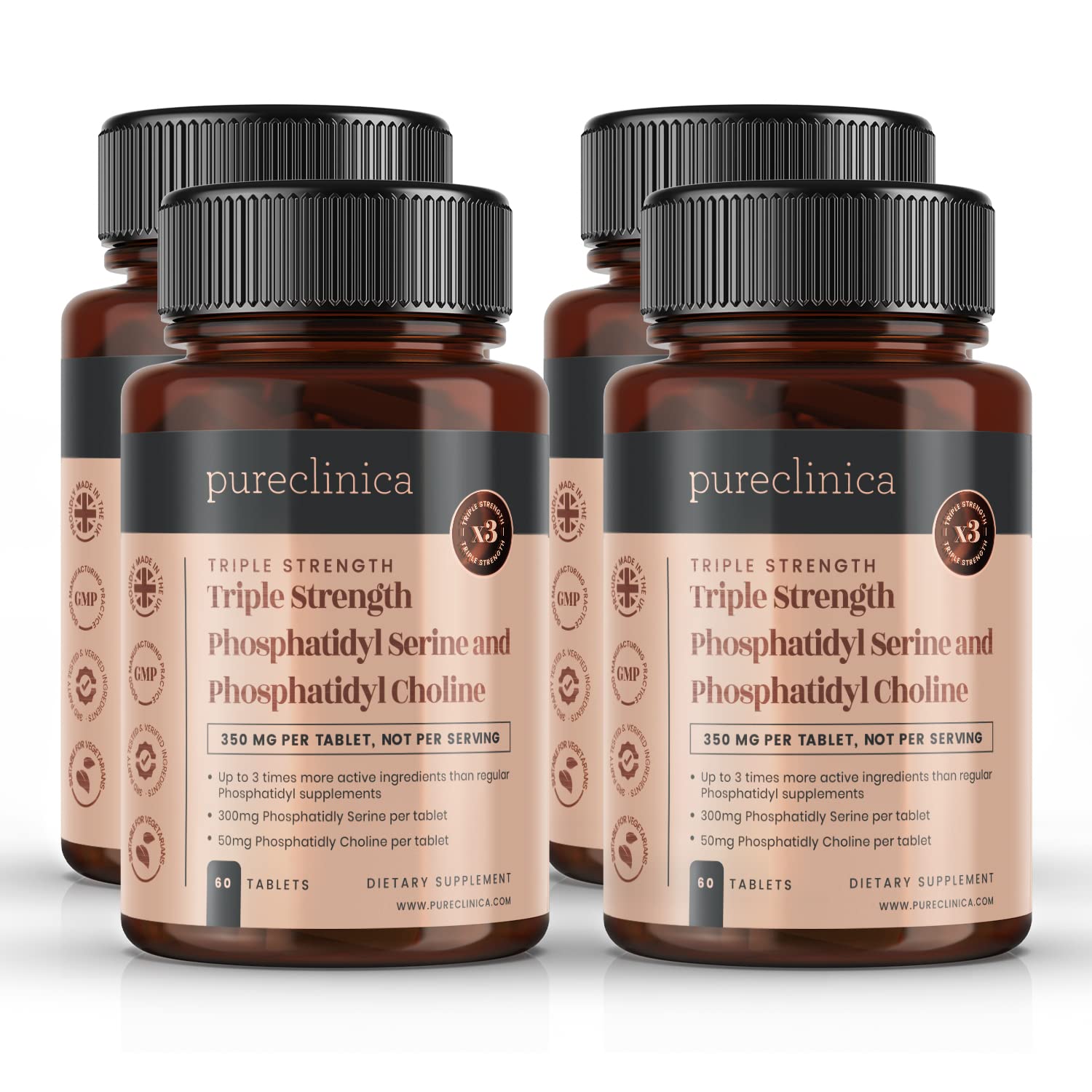 Triple Strength Phosphatidyl Serine & Choline Supplement - 240 Tablets (4 x 60 Count Bottles) for Memory Support, Brain Health & Cognitive Function - Ideal for Students, Professionals & Seniors
