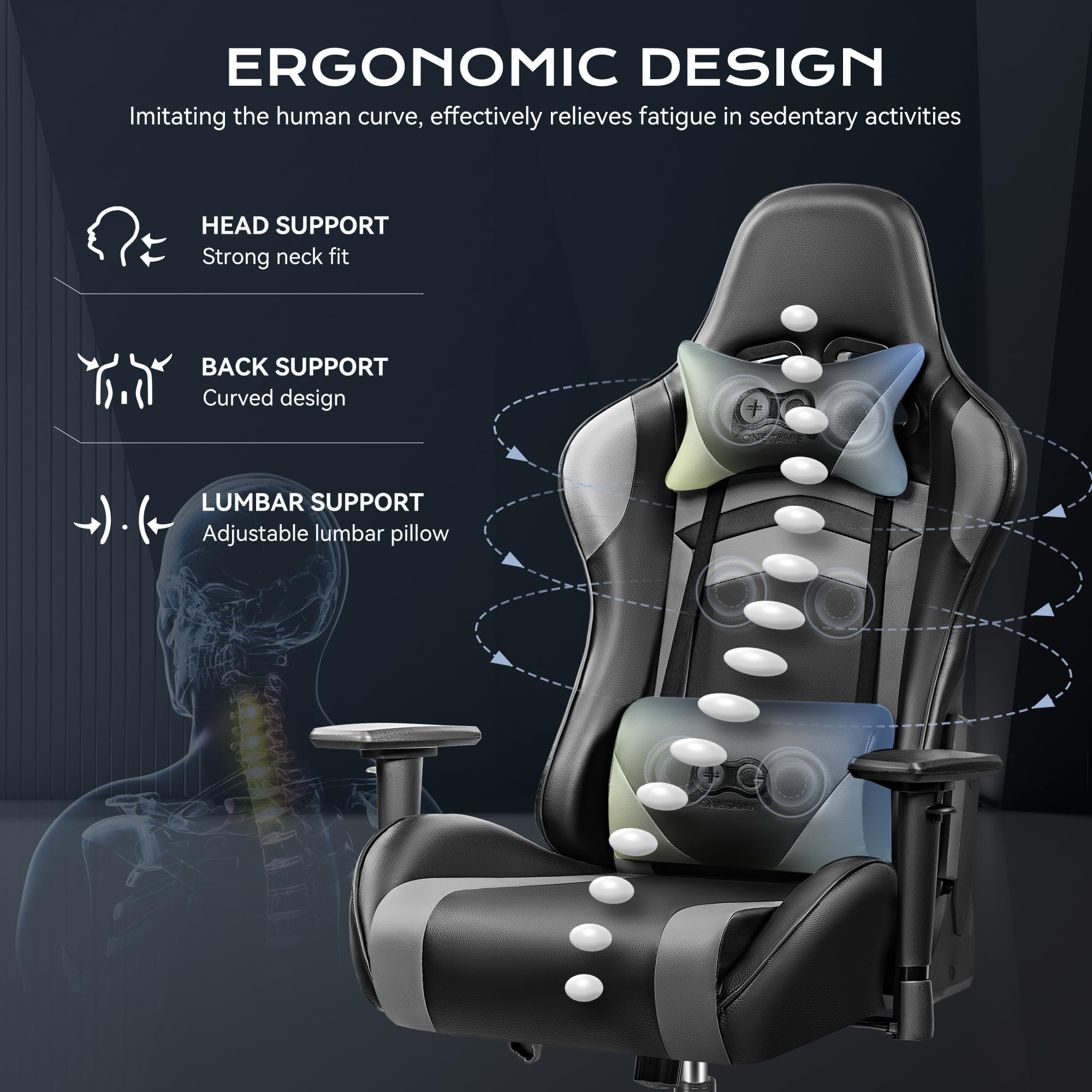 OneGame Black Gaming Chair for Adults - Ergonomic Computer Chair with Adjustable Height, Headrest & Lumbar Support - Racing Style Gamer Chair in Black/Gray - Perfect for PC Gaming, Office Work & Home Entertainment