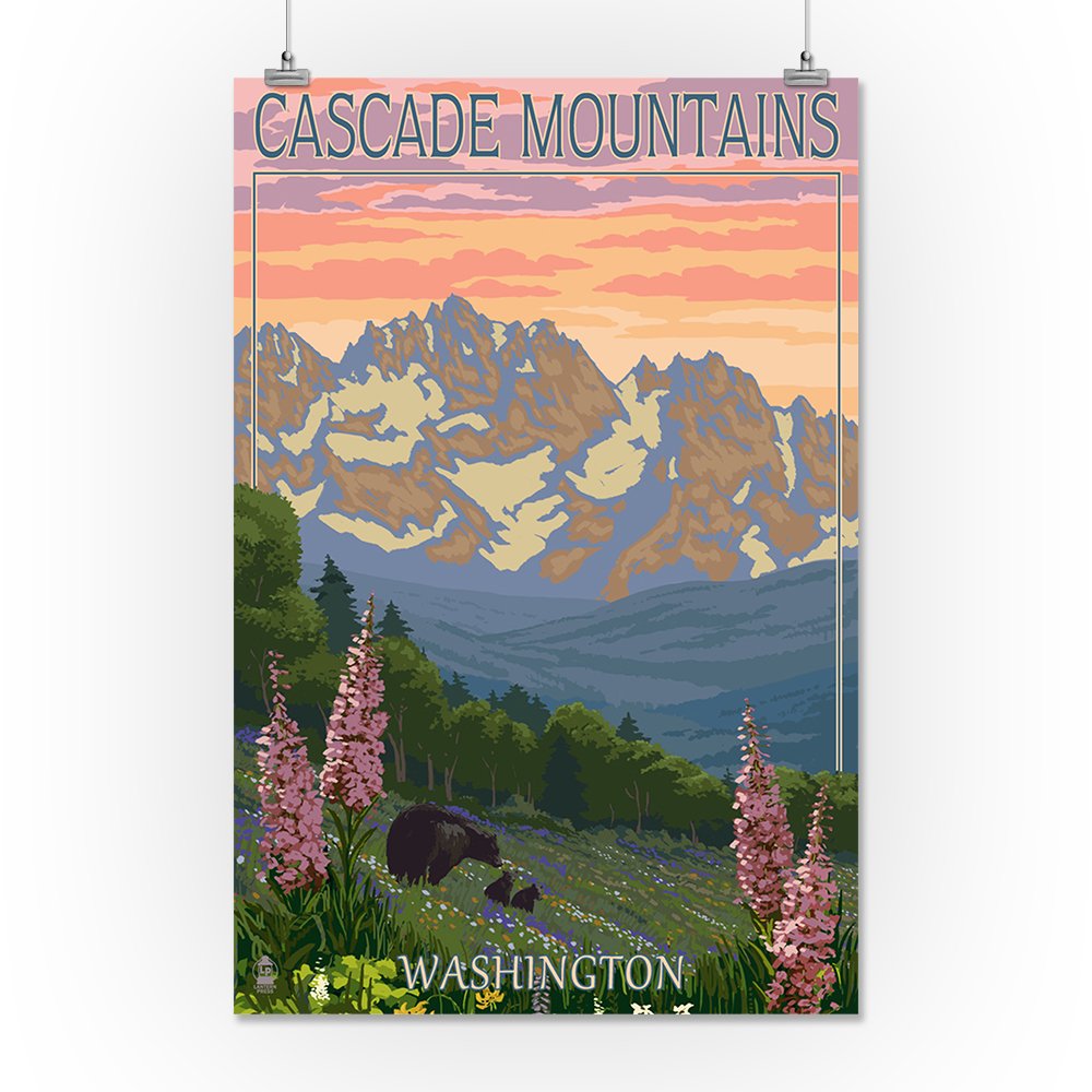 Lantern Press 16x24 Inch Giclee Art Print - Cascade Mountains Washington Landscape with Bears & Spring Flowers - Perfect for Home Decor, Office Wall Art & Nature Lover Gifts