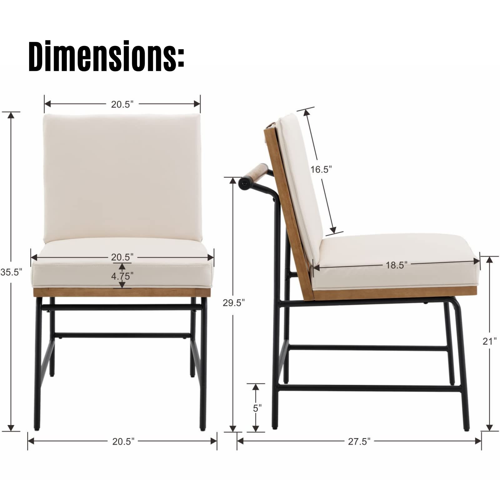 Mid Century Modern PU Leather Dining Chairs Set of 2 - Upholstered Square Back Kitchen Chairs with Sturdy Metal Legs & Wood Frame - Armless Parsons Chairs for Dining Room, Kitchen, Restaurant or Office Reception - Beige Home Decor