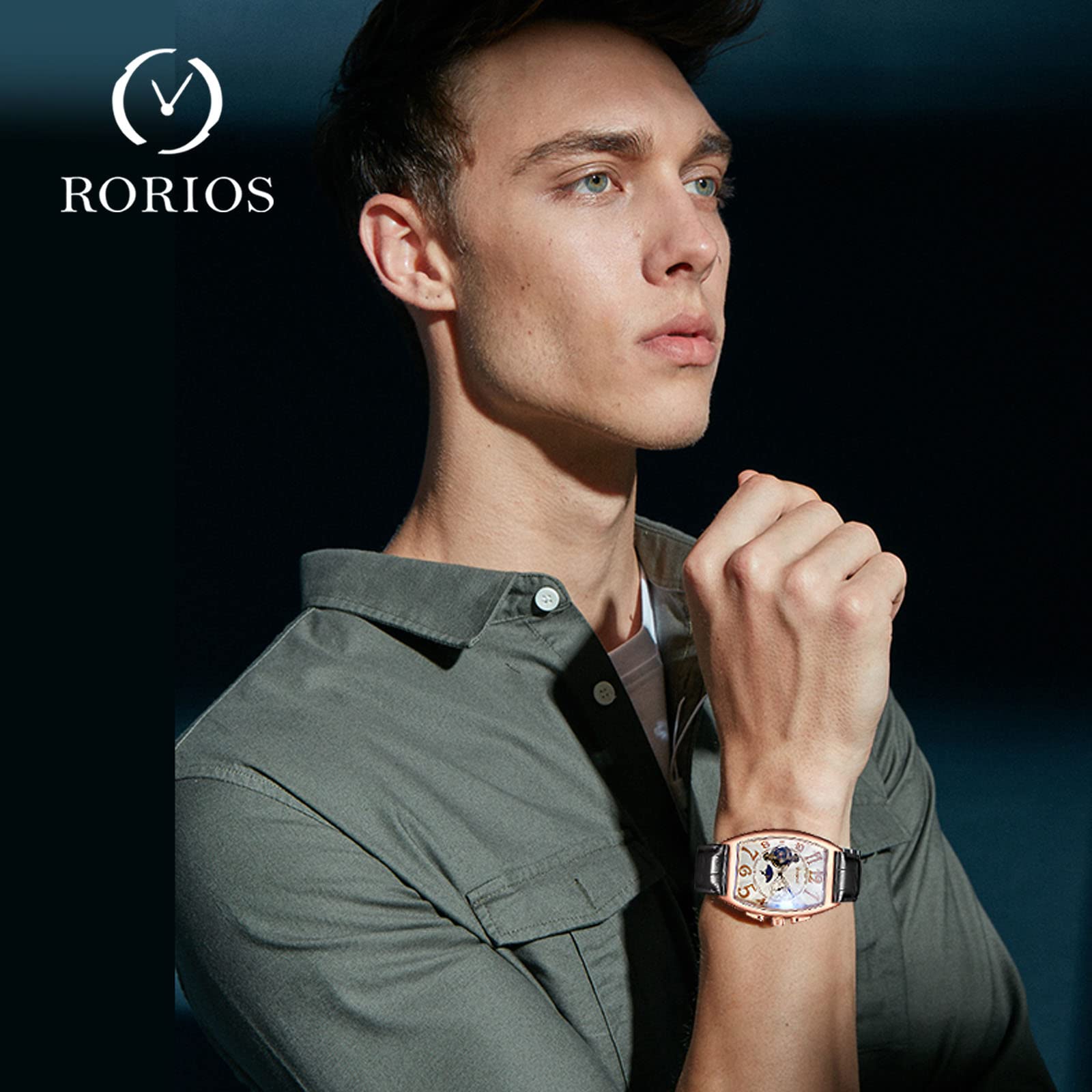 Premium RORIOS Men's Automatic Mechanical Watch with Genuine Leather Strap - Rose Gold & White Skeleton Dial Tourbillon Watch for Business & Formal Occasions