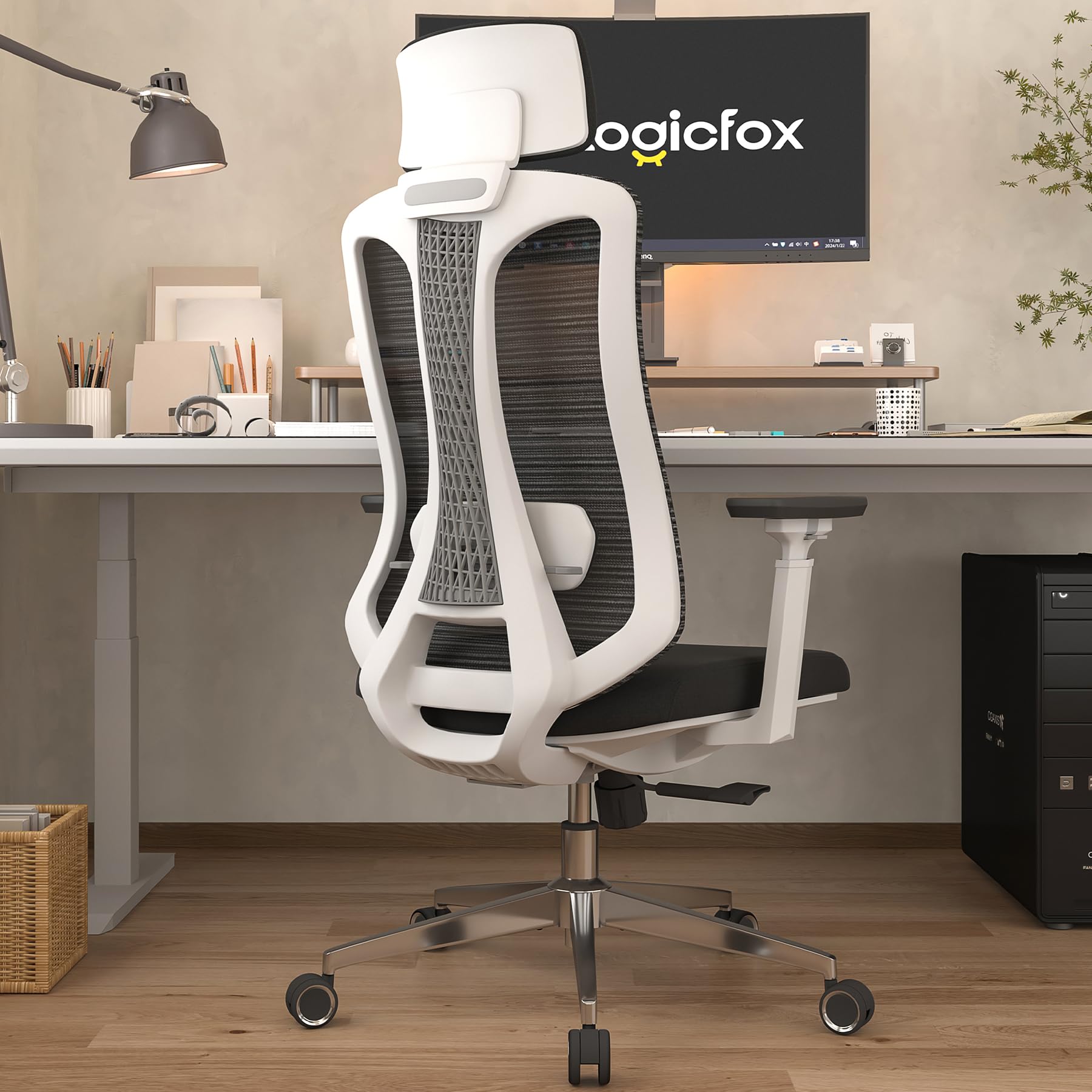 Ergonomic Mesh Office Chair with 3D Adjustable Armrests & Lumbar Support - High Back Computer Desk Chair with Headrest & Tilt Function - White Home Office Chair for Long Hours Working & Gaming