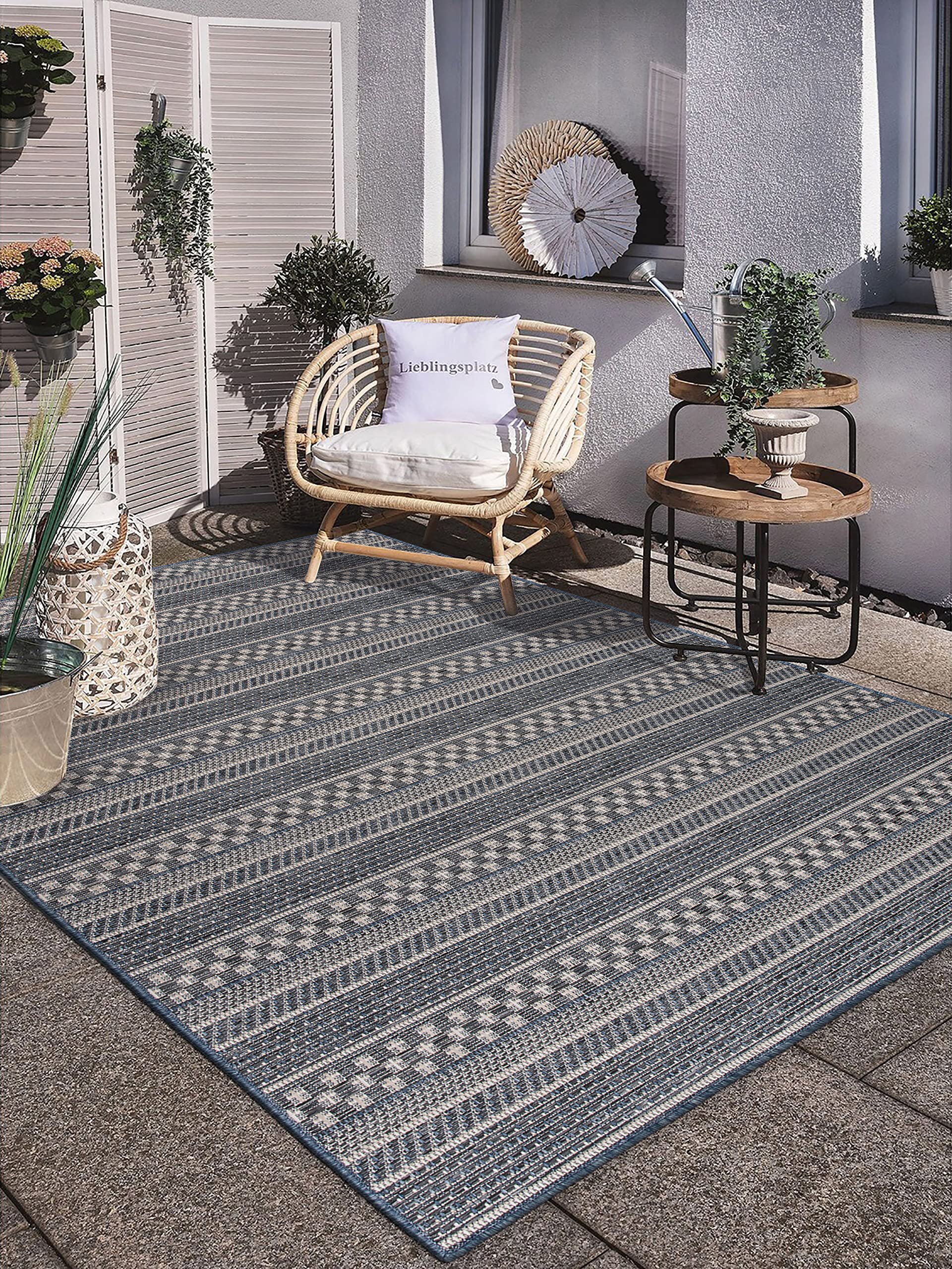 Bohemian Striped Indoor/Outdoor Area Rug 5' x 7' Blue - Perfect for Patio, Deck, Balcony & Living Room Decor
