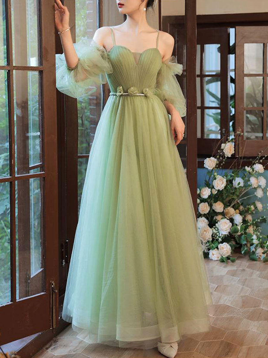 Elegant Green A-Line Long Prom Dress with Tulle Skirt - Perfect for Bridesmaids, Evening Gala & Formal Events