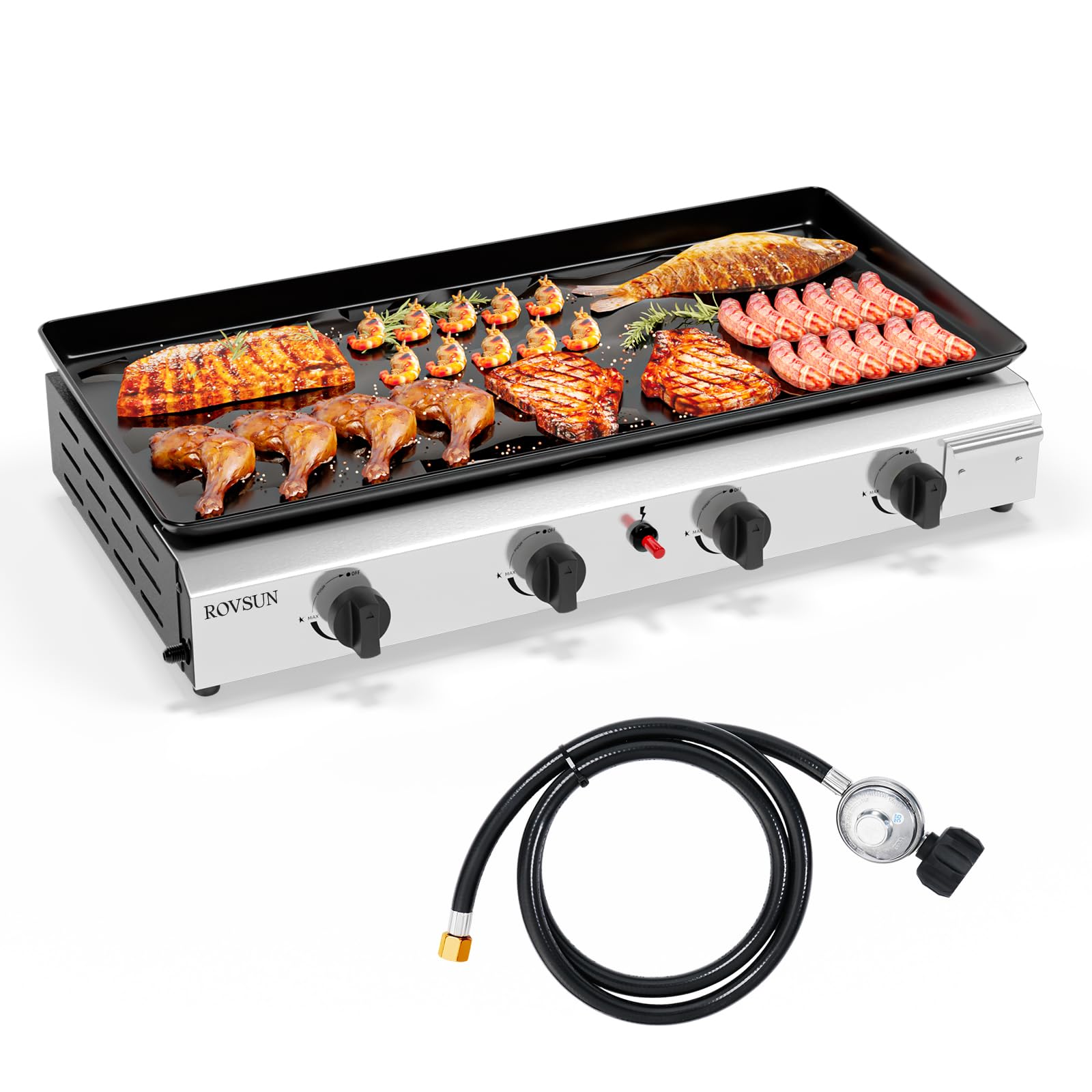 ROVSUN 4 Burner Portable Propane Griddle with Electronic Ignition - 40,000 BTU Tabletop Flat Top Gas Grill with Nonstick Enameled Tray & Regulator - Perfect for Outdoor Cooking, Camping, BBQ, Picnics, Tailgating, Backyard Parties and Family Gatherings