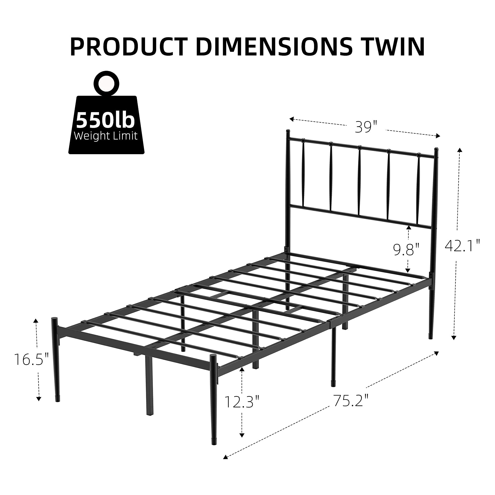 Twin Size Metal Platform Bed Frame with Headboard - Sturdy Mattress Foundation with Slat Support, 12.3