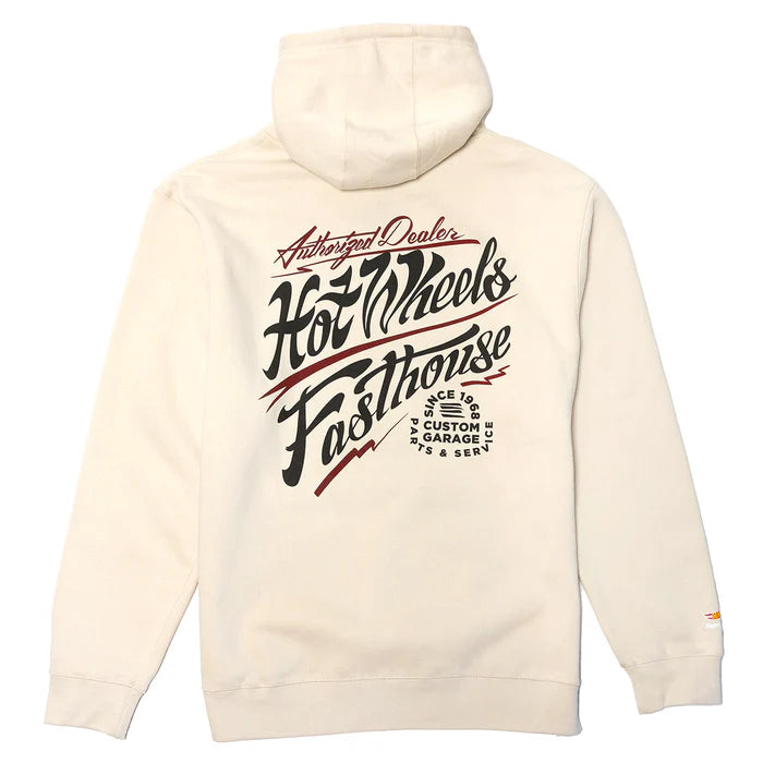Hot Wheels Dealer Hooded Pullover Sweatshirt - Off White | Men's Casual Streetwear for Car Enthusiasts | Perfect for Racing Events & Everyday Wear