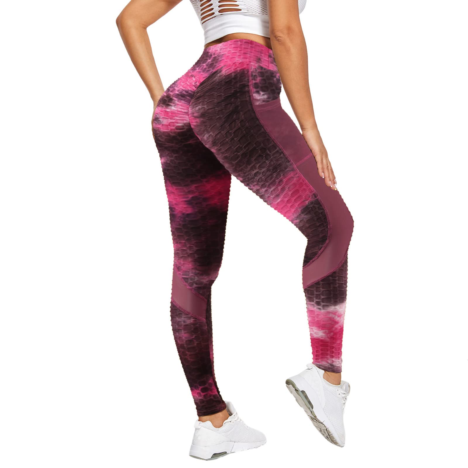AOXUSM Women's Tie-Dye Yoga Pants with Pockets - High Waisted Tummy Control Workout Leggings for Running, Gym & Lounge (Hot Pink, Small) - Perfect for Yoga, Fitness & Casual Wear