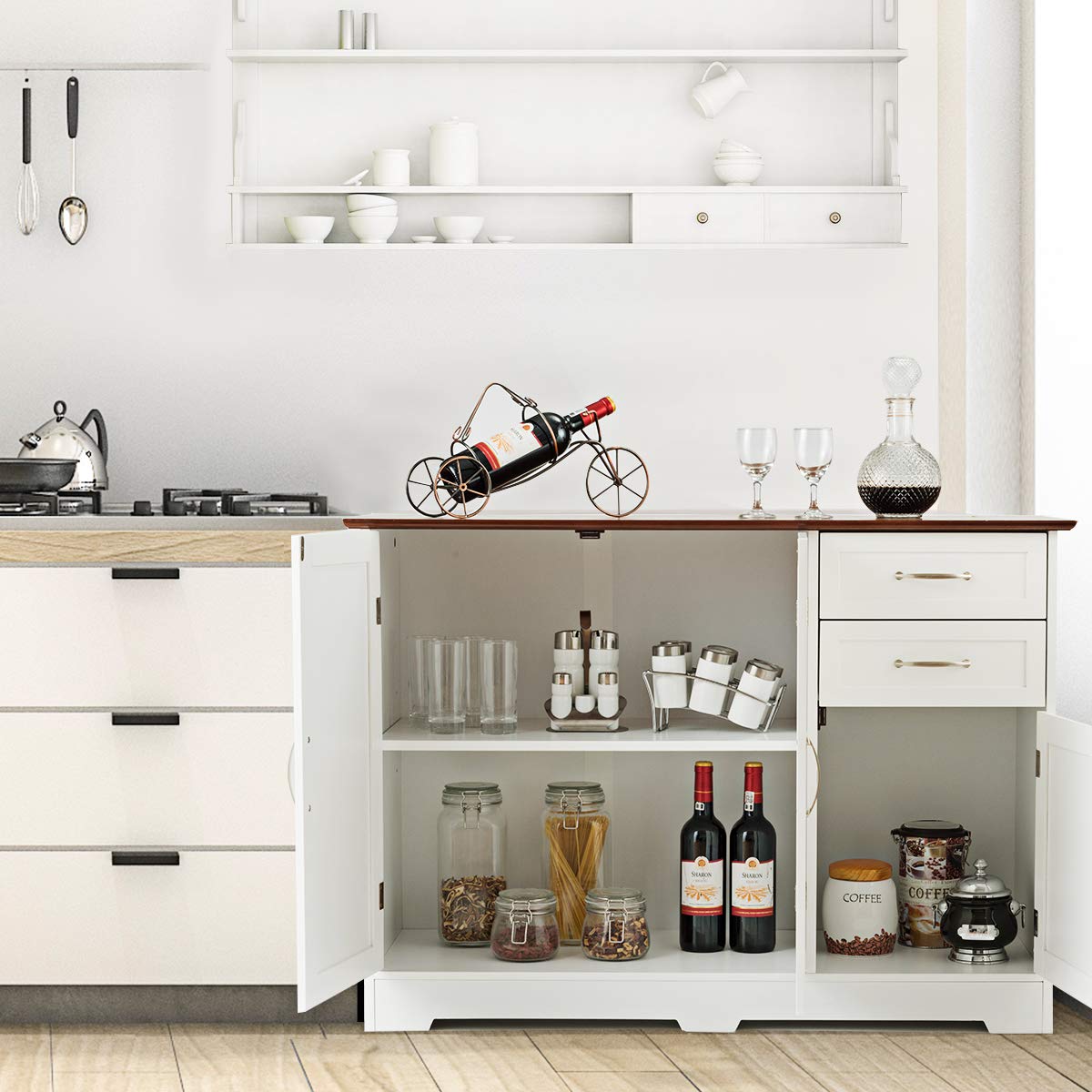 Giantex Buffet Sideboard Storage Cabinet - 2-Door Credenza with 2 Drawers, White & Vermilion - Kitchen Dining Room Furniture Organizer, Entryway Cupboard - Perfect for Home Dining Storage, Living Room Decor, and Hallway Organization