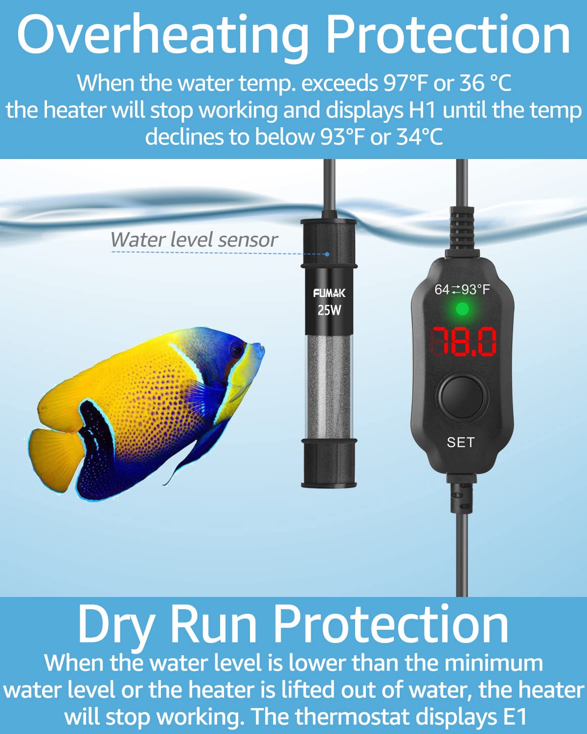 25W Adjustable Aquarium Heater - Super Short Submersible Fish Tank Heater with LED Digital Display Thermostat - Perfect for 3-5 Gallon Tanks - Ideal for Small Betta Tanks, Nano Aquariums & Desktop Fish Bowls