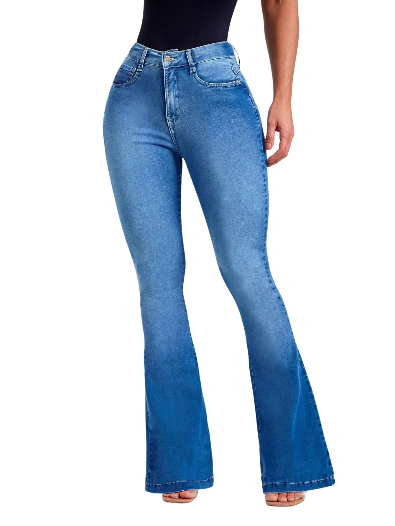 Women's High Rise Flare Jeans - Stretchy Skinny Bell Bottom Denim Pants for Casual Wear & Night Out