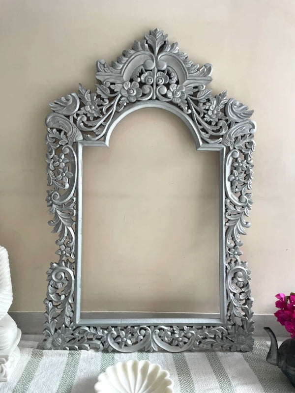 Hand Carved Floral Leaf Pattern Mirror Frame - Vintage Wooden Wall Mirror for Bedroom, Living Room & Bathroom Decor