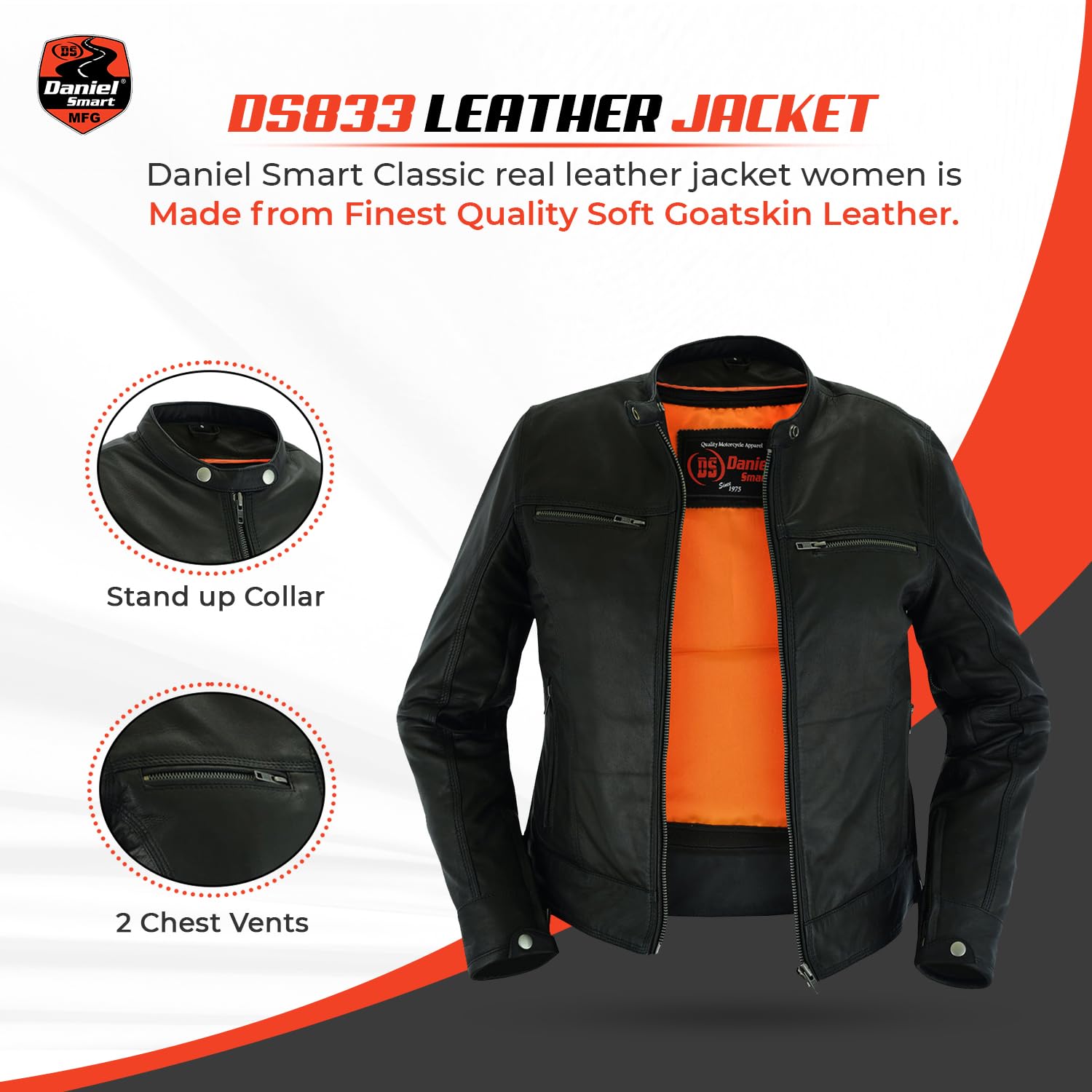 Daniel Smart Women's Classic Goatskin Motorcycle Jacket - Triple Stitch Detailing & Armory Pocket | Perfect for Biker Rides, Casual Outfits & Fashion Streetwear