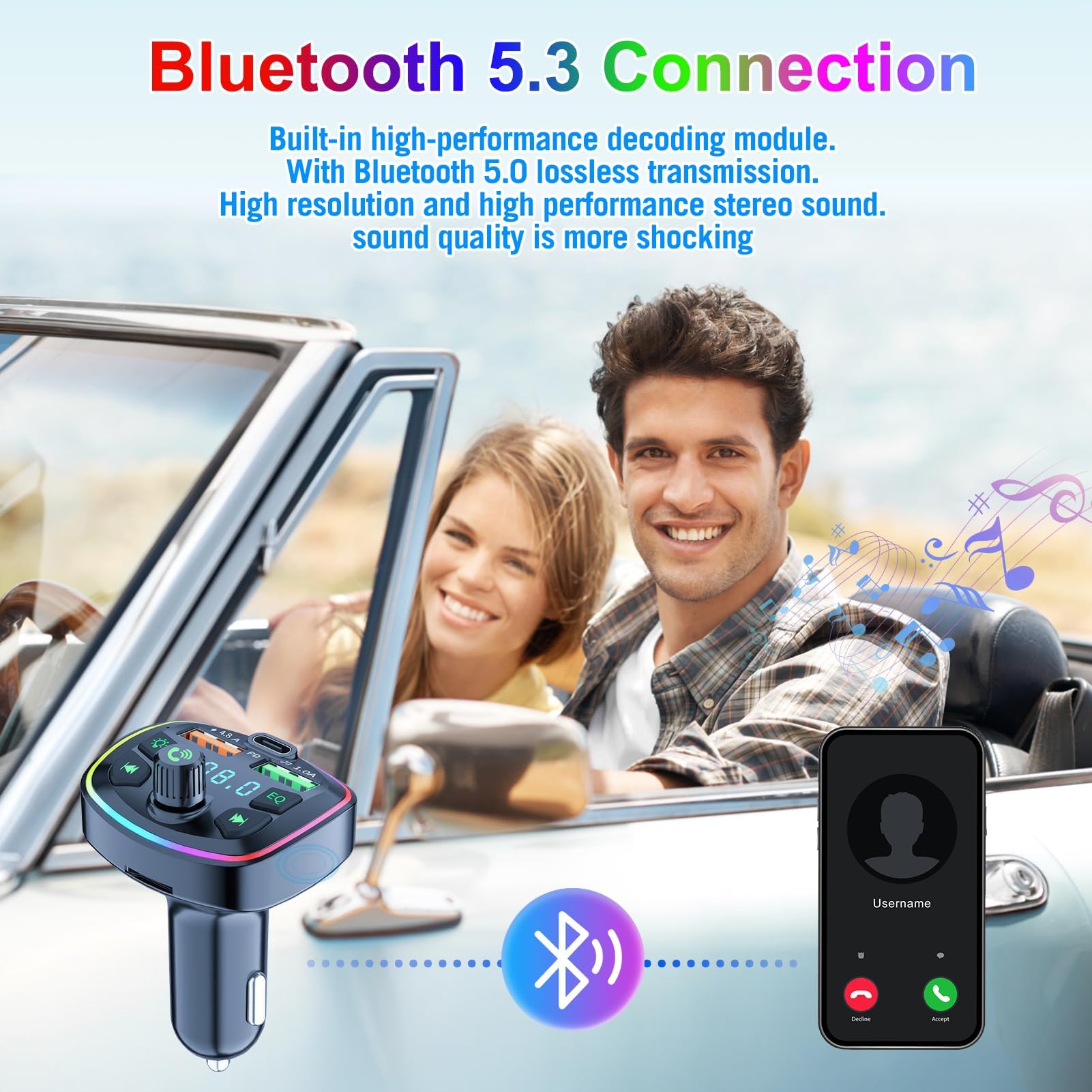 Bluetooth 5.3 FM Transmitter for Car with Dual USB-C Fast Charger | Wireless Radio Adapter | Hi-Fi Bass Sound & Hands-Free Calling | USB Drive Support & Ambient Lighting | Perfect for Road Trips & Commuting