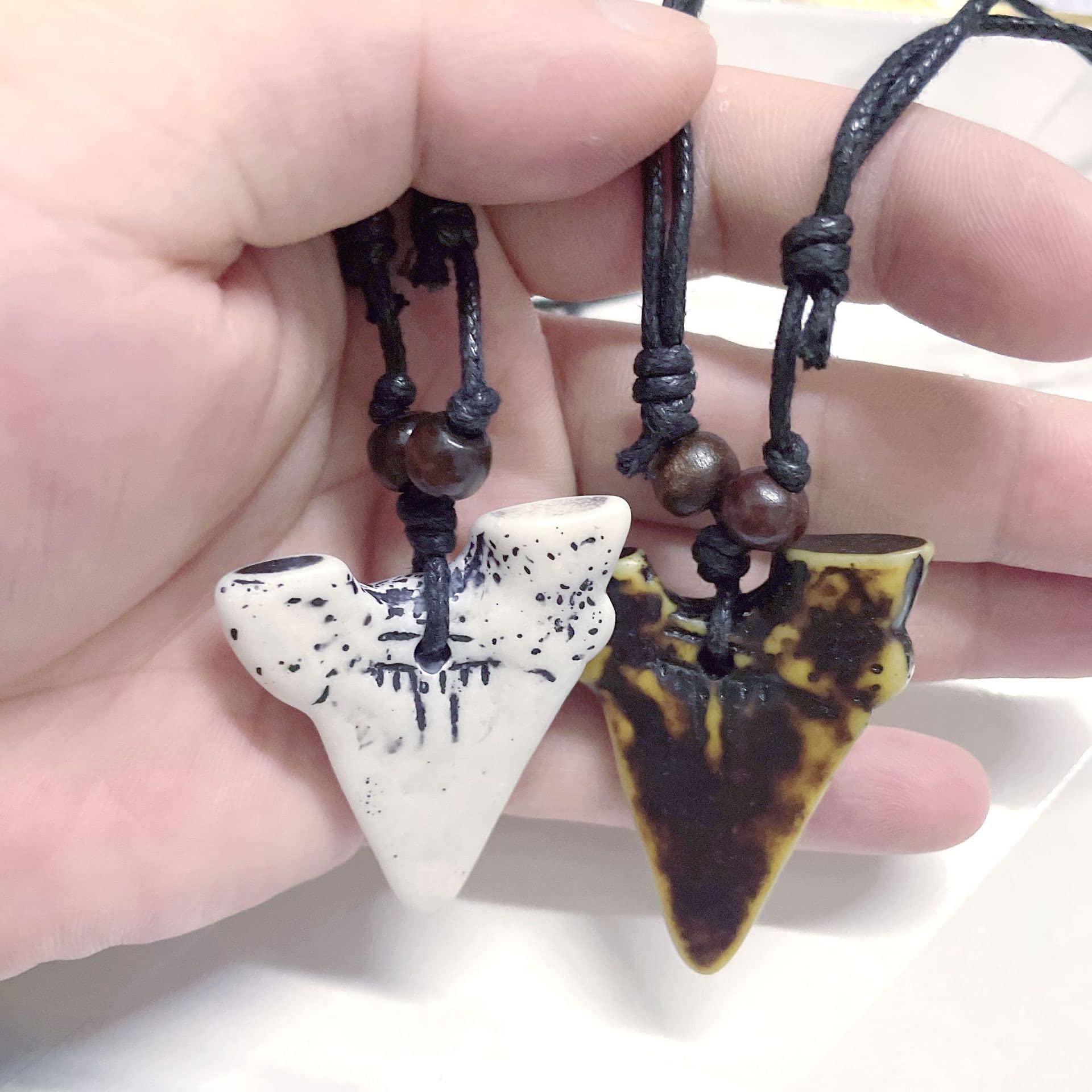 2-Piece Shark Tooth Pendant Necklace Set - Wax Rope & Leather Surfer Necklaces for Men & Women - Beach Resin Tooth Shaped Jewelry - Perfect for Summer, Surfing, Beach Parties and Boho Fashion Accessories