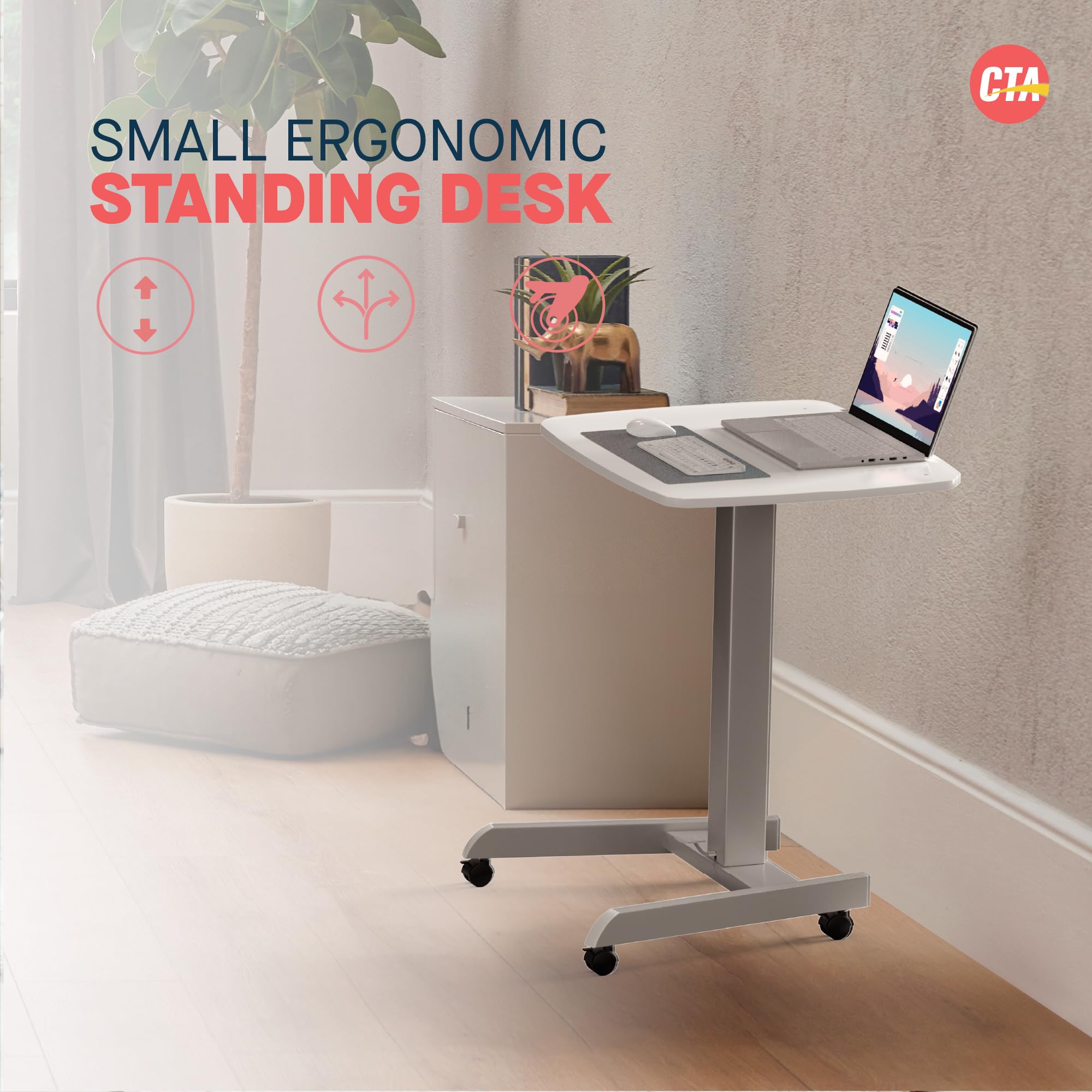 Adjustable Height Small White Standing Desk with Wheels - Portable Mobile Workstation for Laptop, Office, Medical, Teachers & Classroom Use - Perfect for Home Office, School & Healthcare Settings (PAD-ARLTD)