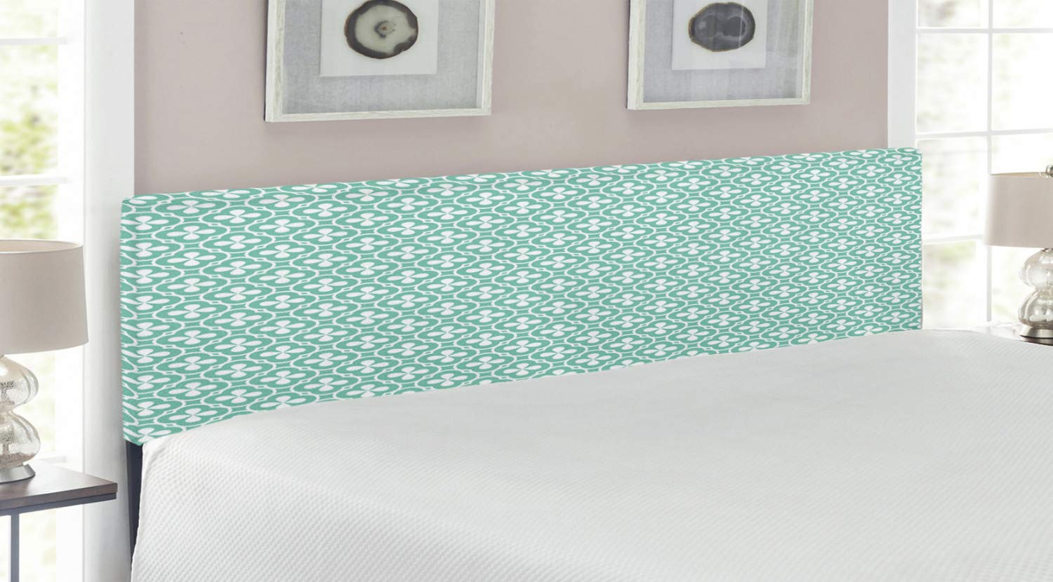 Ambesonne Floral Headboard King Size - Clover Shamrock Celtic Pattern Upholstered Metal Bed Frame with Memory Foam in Turquoise & White | Perfect for Bohemian & Vintage Bedroom Decor
