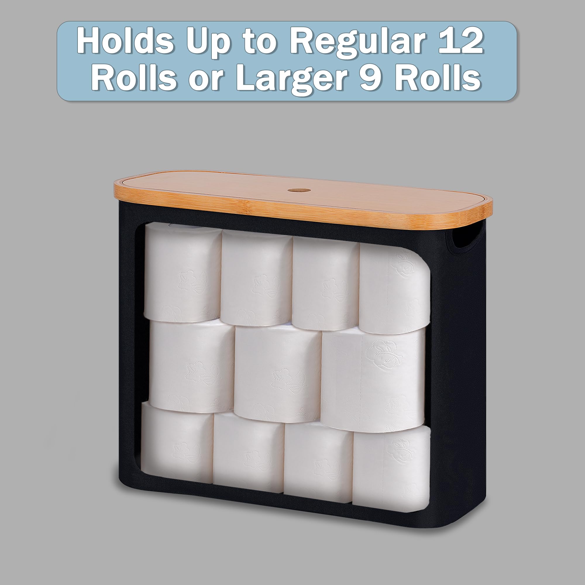Toilet Paper Storage Basket with Lid - Bathroom Organizer Holds Up to 9 Mega Rolls, Free Standing Black Toilet Paper Holder | Perfect for Bathroom, RV, and Small Space Organization