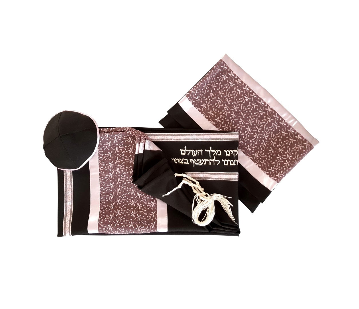 Royal Lilac Leaves Pattern Black Tallit Shawl for Women - Elegant Prayer Shawl for Bat Mitzvah, Synagogue Services & Jewish Ceremonies
