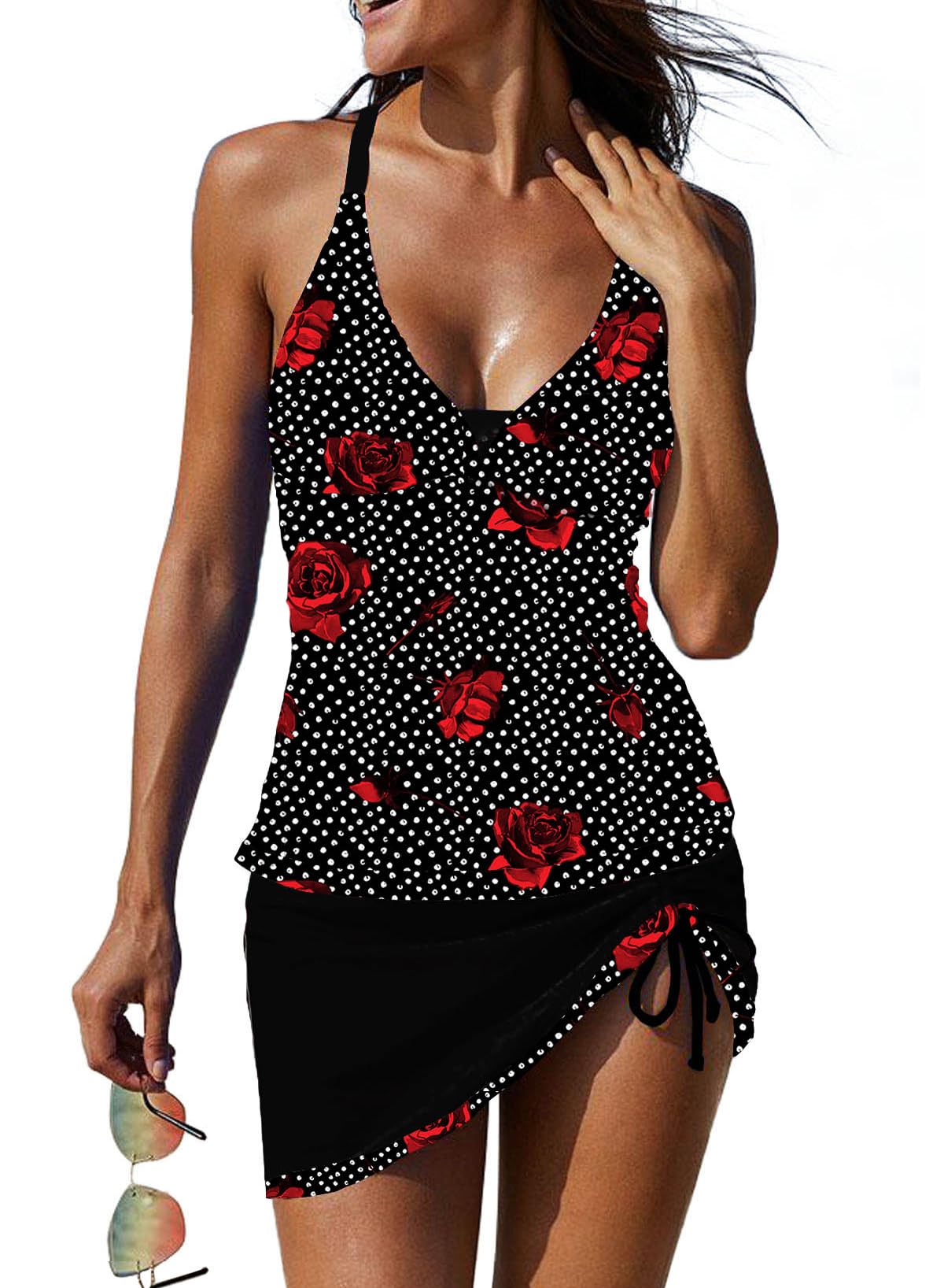 REKITA Sexy Tankini Swimsuits with Skirt - 2 Piece Color Block Swimwear for Women | High Waist Bikini Set, Summer Beachwear, Pool Party Outfit, Vacation Swim Suit