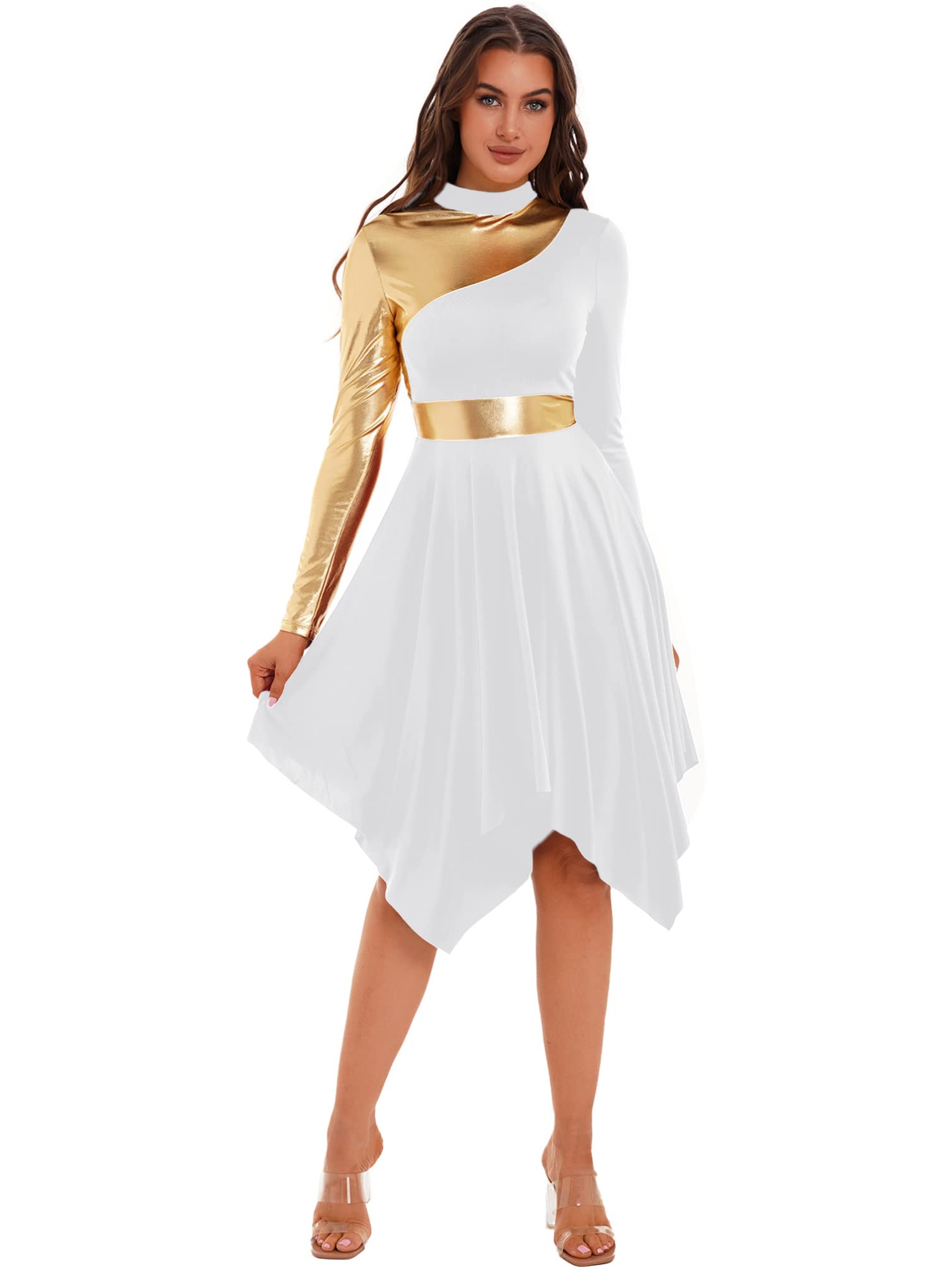 Women's Metallic Long Sleeve Praise Dance Dress - Color Block Liturgical Dancewear - Lyrical Worship Tunic for Church Performances & Christian Dance Events