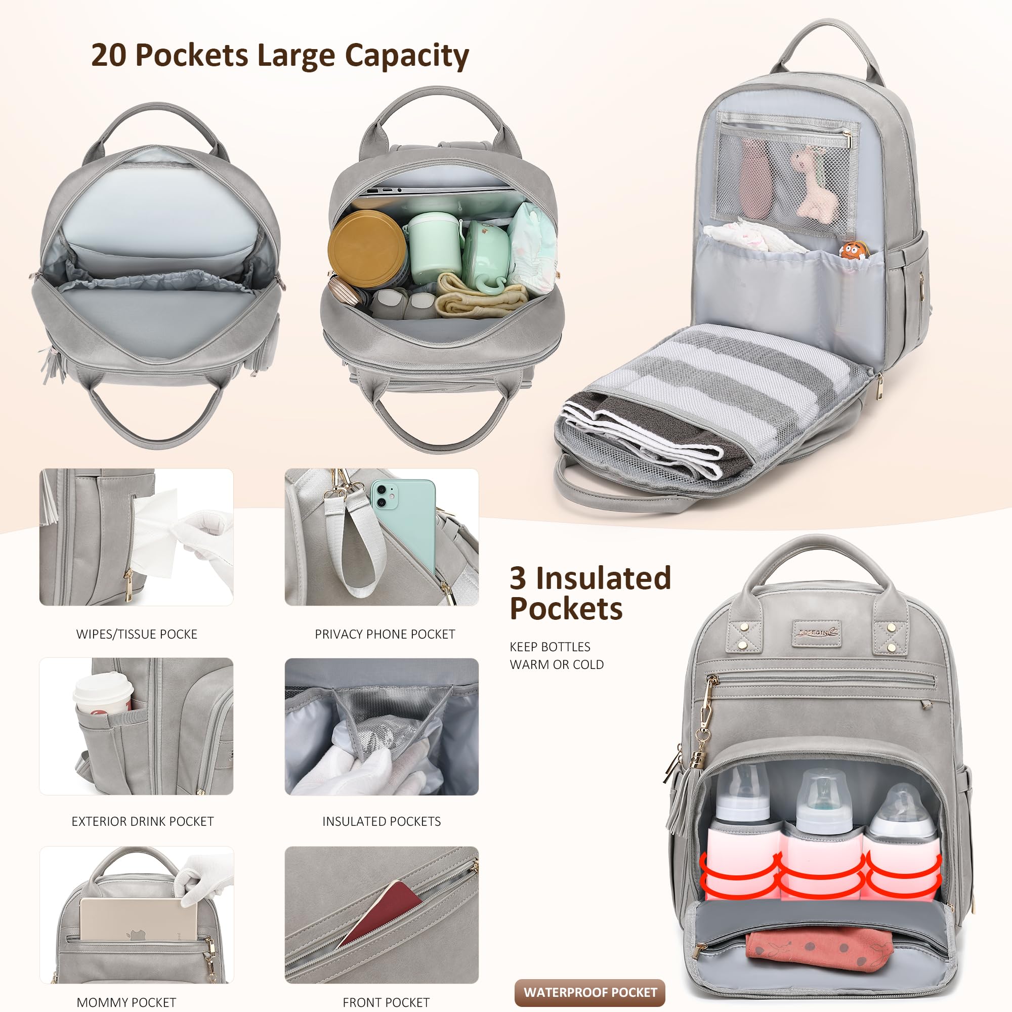 ROSEGIN Vegan Leather Diaper Backpack for Baby Boys & Girls - Waterproof Diaper Bag with Insulated Bottle Pockets, Changing Pad & Pacifier Holder | Perfect for Travel, Daycare & On-the-Go Parents