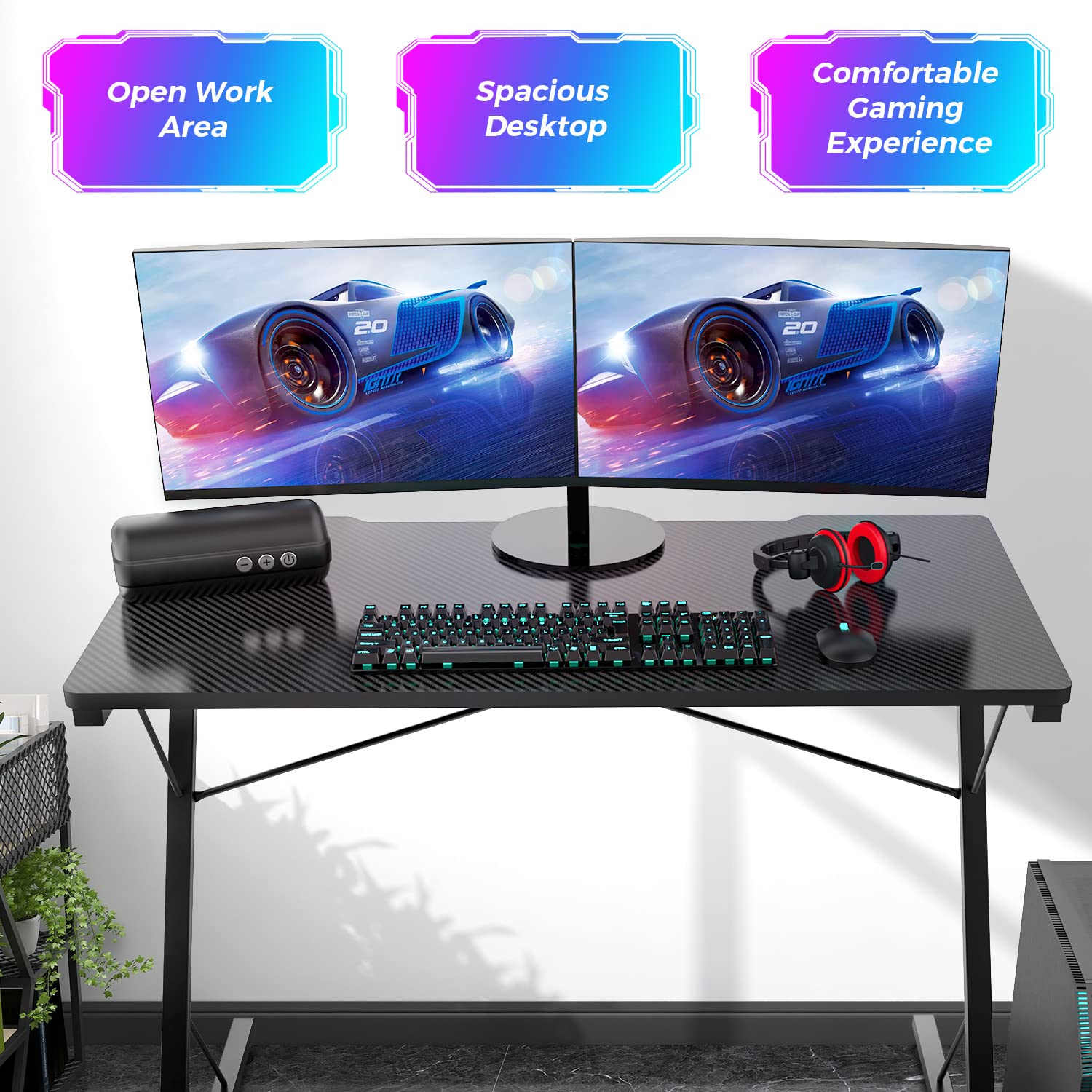Z-Shaped Gaming Desk with LED Lights - Ergonomic Computer Desk for PC Gaming & Home Office Work - Space-Saving Black Gaming Table for Small Rooms | Perfect for Streamers & Gamers