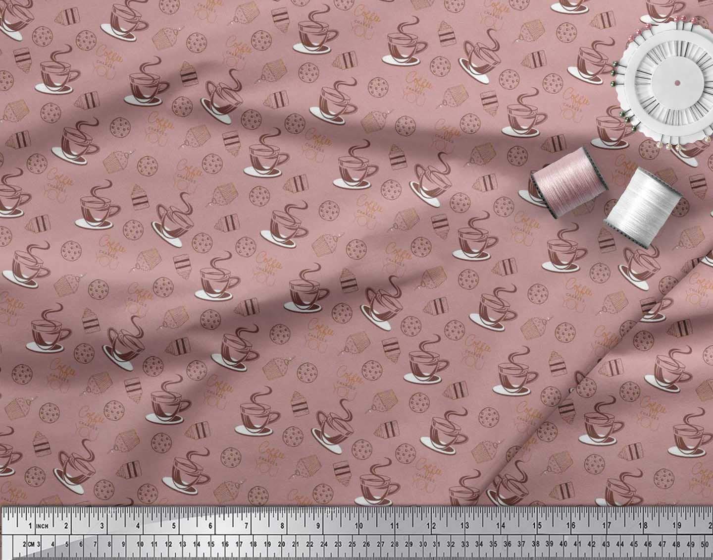 Soimoi Poly Georgette Pink Fabric by The Yard - 42 Inch Wide - Coffee Cookies & Cupcake Print Textile - Sweet Floral Pattern Fabric for Dresses, Curtains & DIY Crafts - Soft Lightweight Material for Fashion & Home Decor