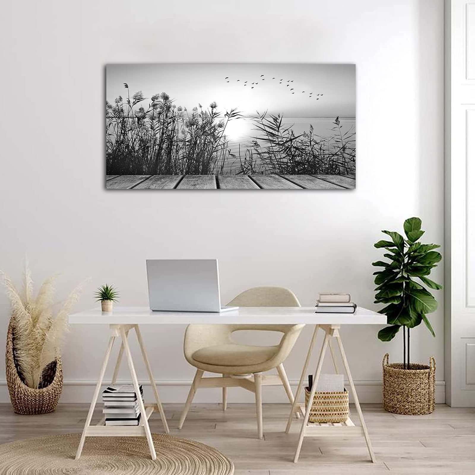 Sunset Lake Wall Art - Black & White Nature Canvas Print with Botanical Reeds & Flying Birds - Large 24x48 Inch Modern Home Decor for Living Room, Bedroom, Dining Room, Kitchen & Office - Perfect for Nature Lovers & Contemporary Interior Design