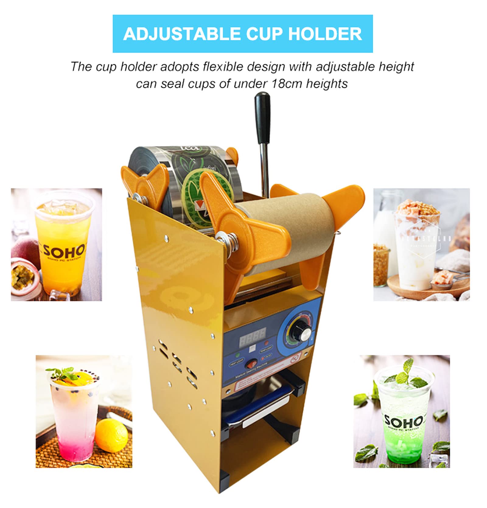 Manual Cup Sealer for PE/PP Cups - Bubble Tea Sealing Machine for 170mm Height, φ95mm & φ90mm Cups (110V) - Perfect for Bubble Tea Shops, Coffee Stands, and Drink Businesses