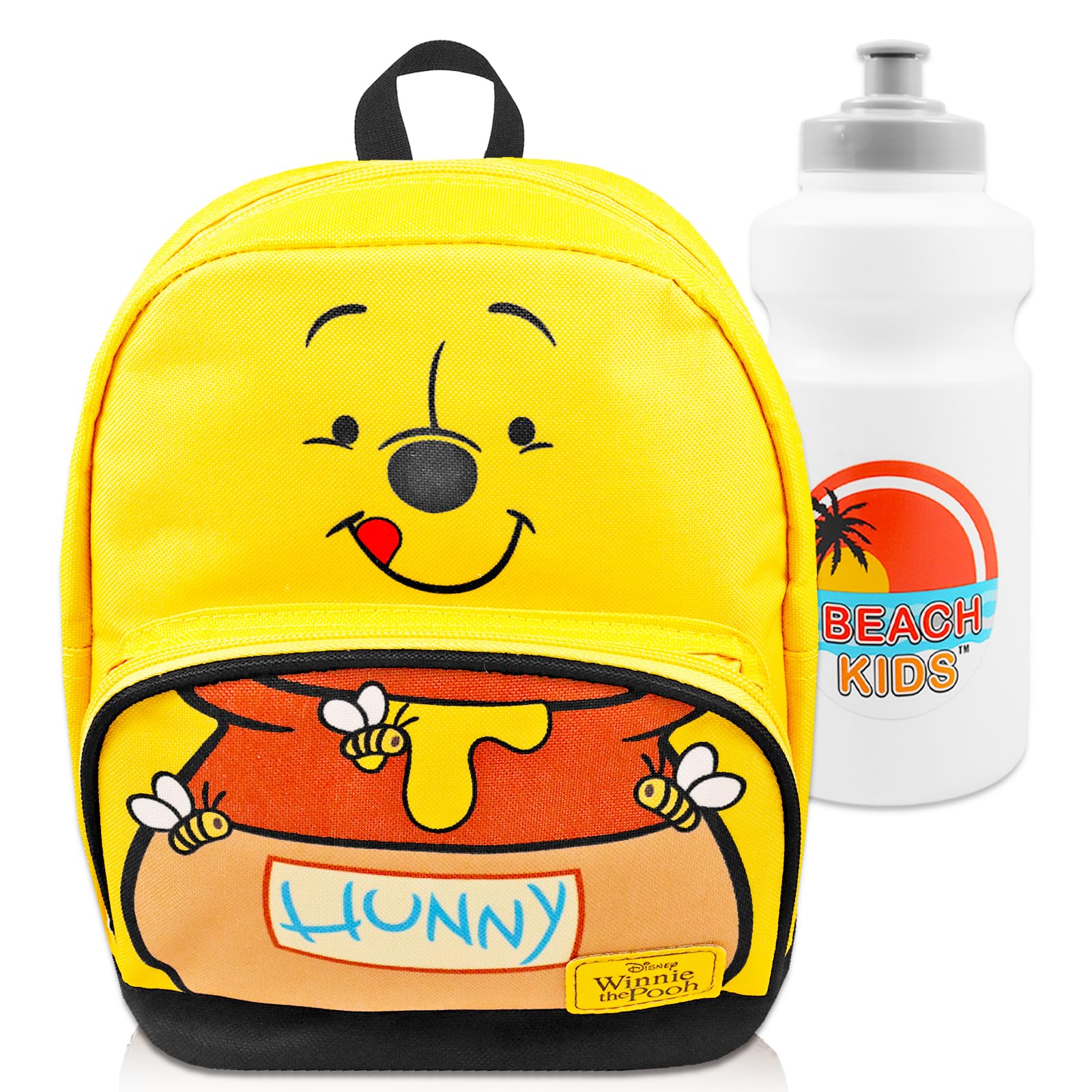 Winnie the Pooh Mini Backpack Set - 10” Canvas Backpack with Front Pocket & Water Bottle Holder | Cute Disney Character School Bag for Kids, Travel & Theme Park Outings